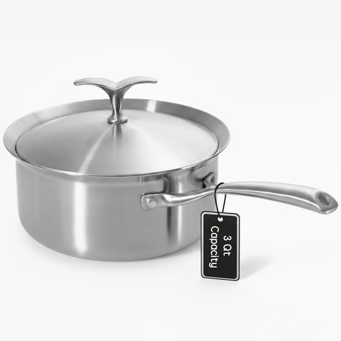 USELUCK 3 Quart 5-Ply saucepan with lid on induction for even heat distribution.