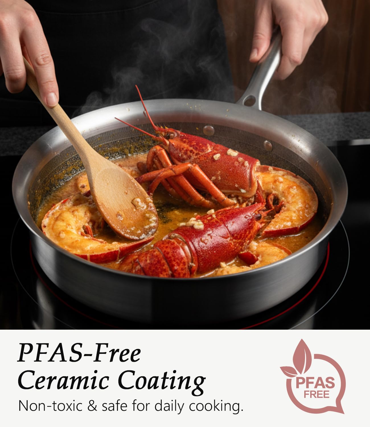 USELUCK steam-return lid preserves flavors and reduces splatter during simmering.