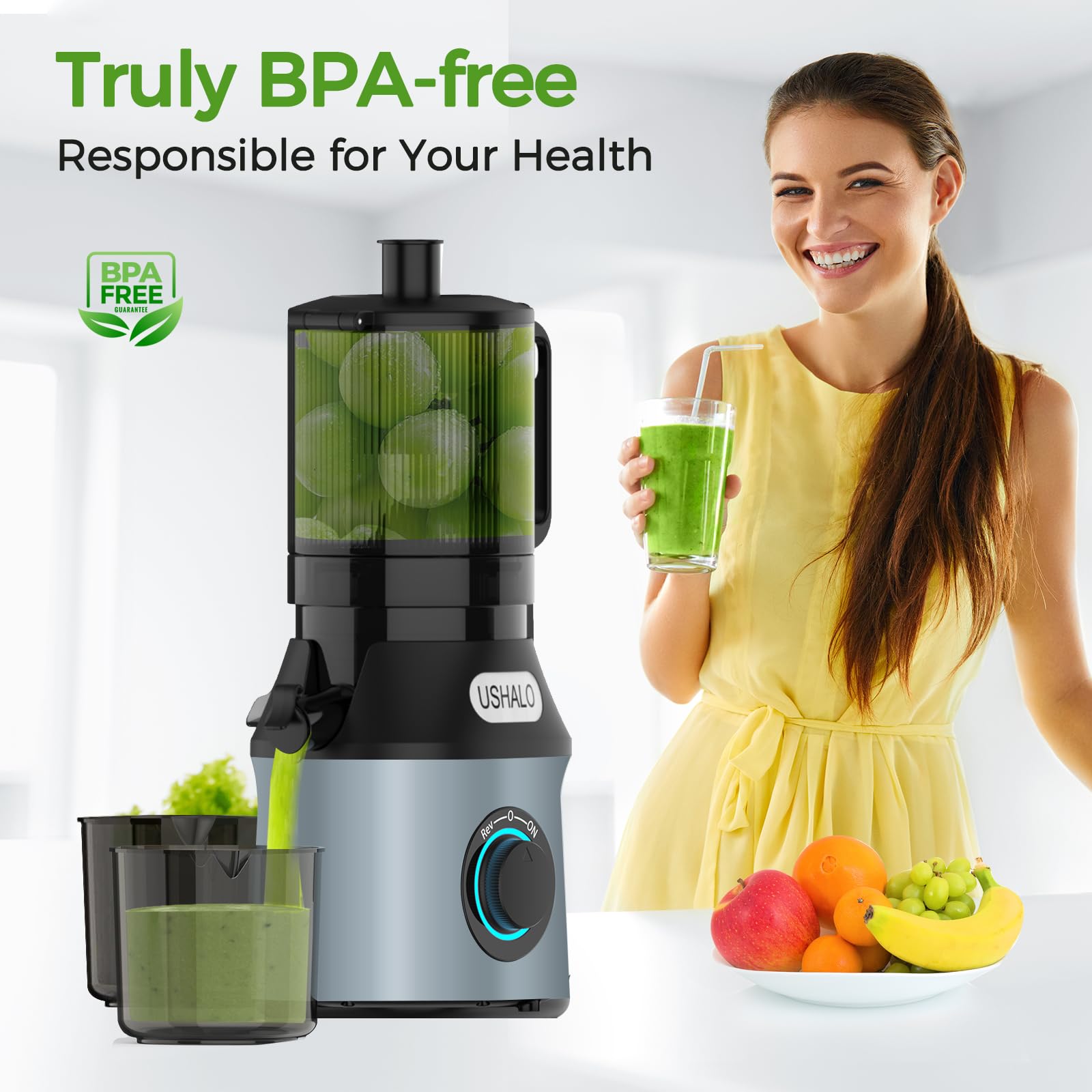 USHALO auto-feed feature saves time during batch juicing sessions.