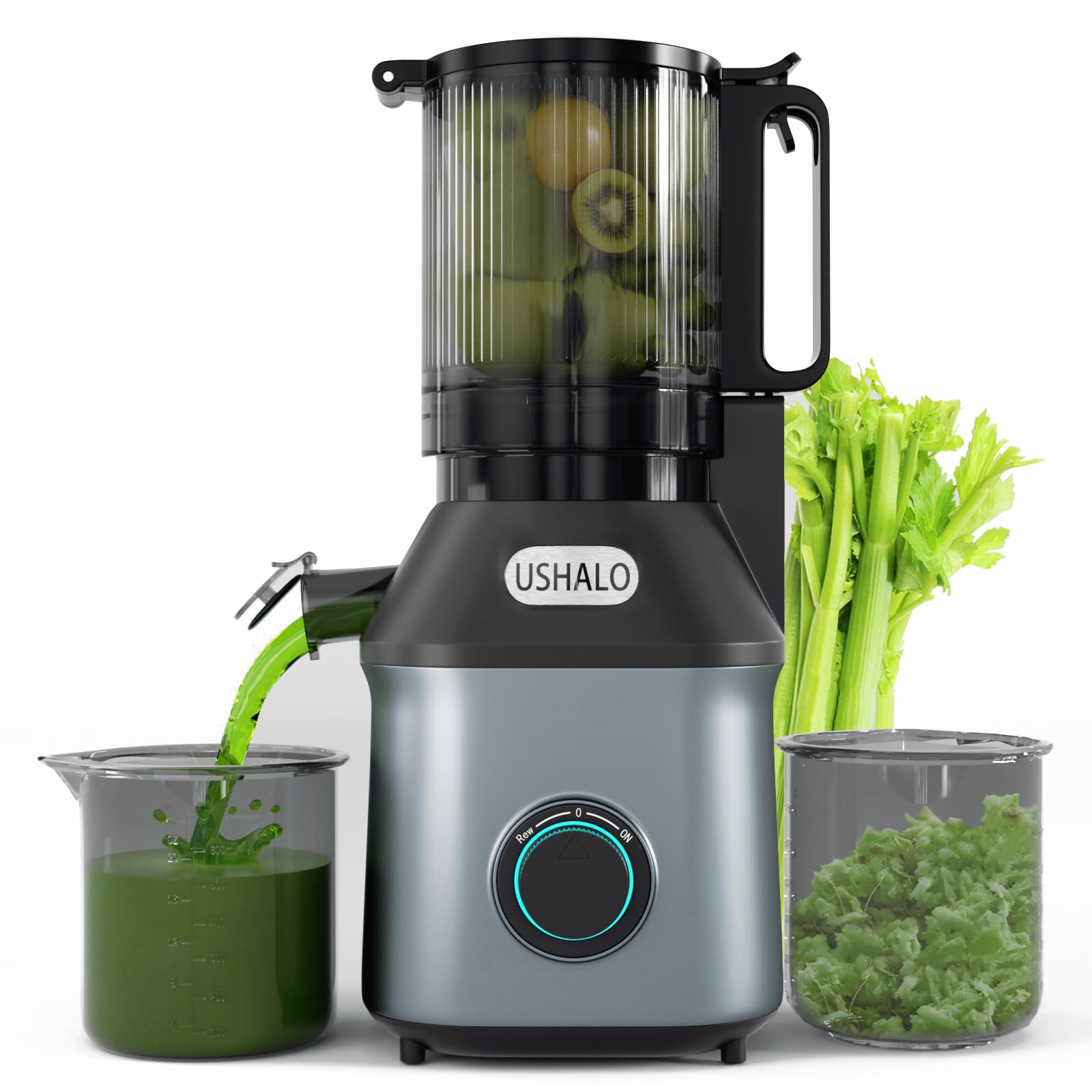 USHALO cold press juicer with a 5.5-inch feed chute for quick prep and safer juicing.