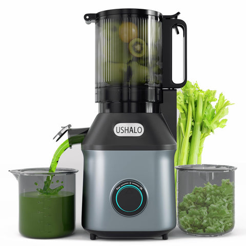 USHALO cold press juicer with a 5.5-inch feed chute for quick prep and safer juicing.