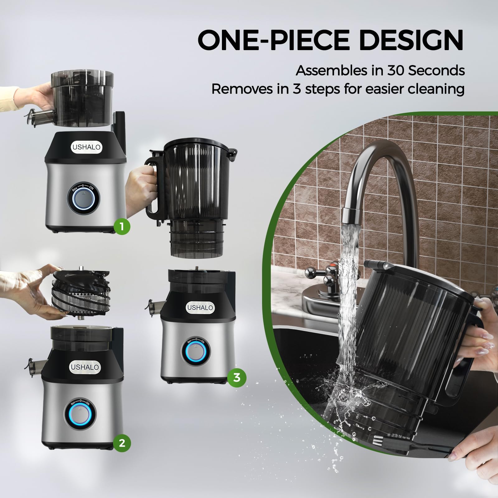 USHALO easy-clean design with 3-piece assembly and brush.