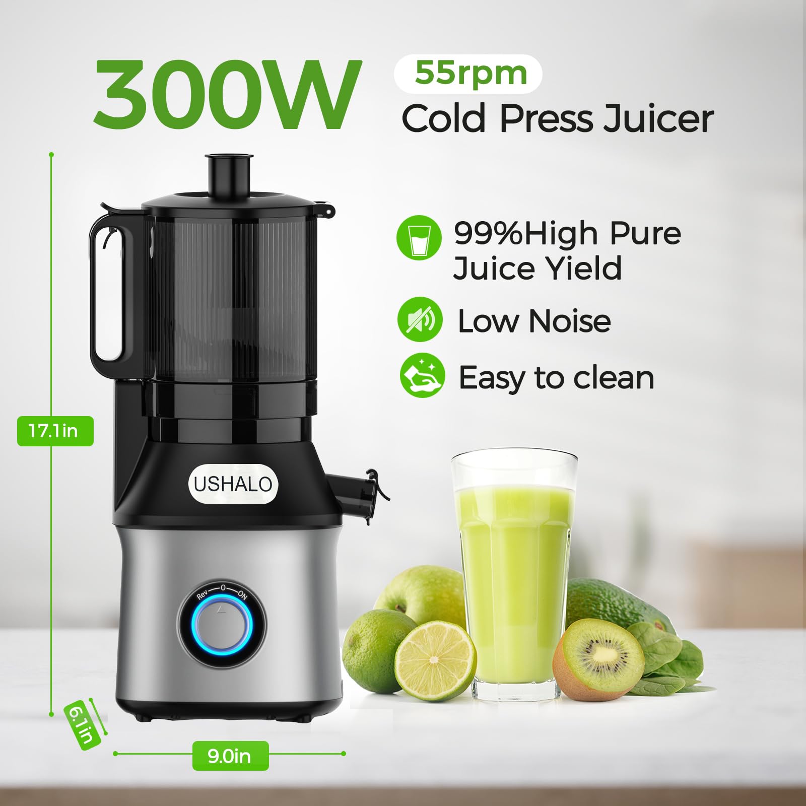 USHALO juicer with large feed chute for whole fruits.