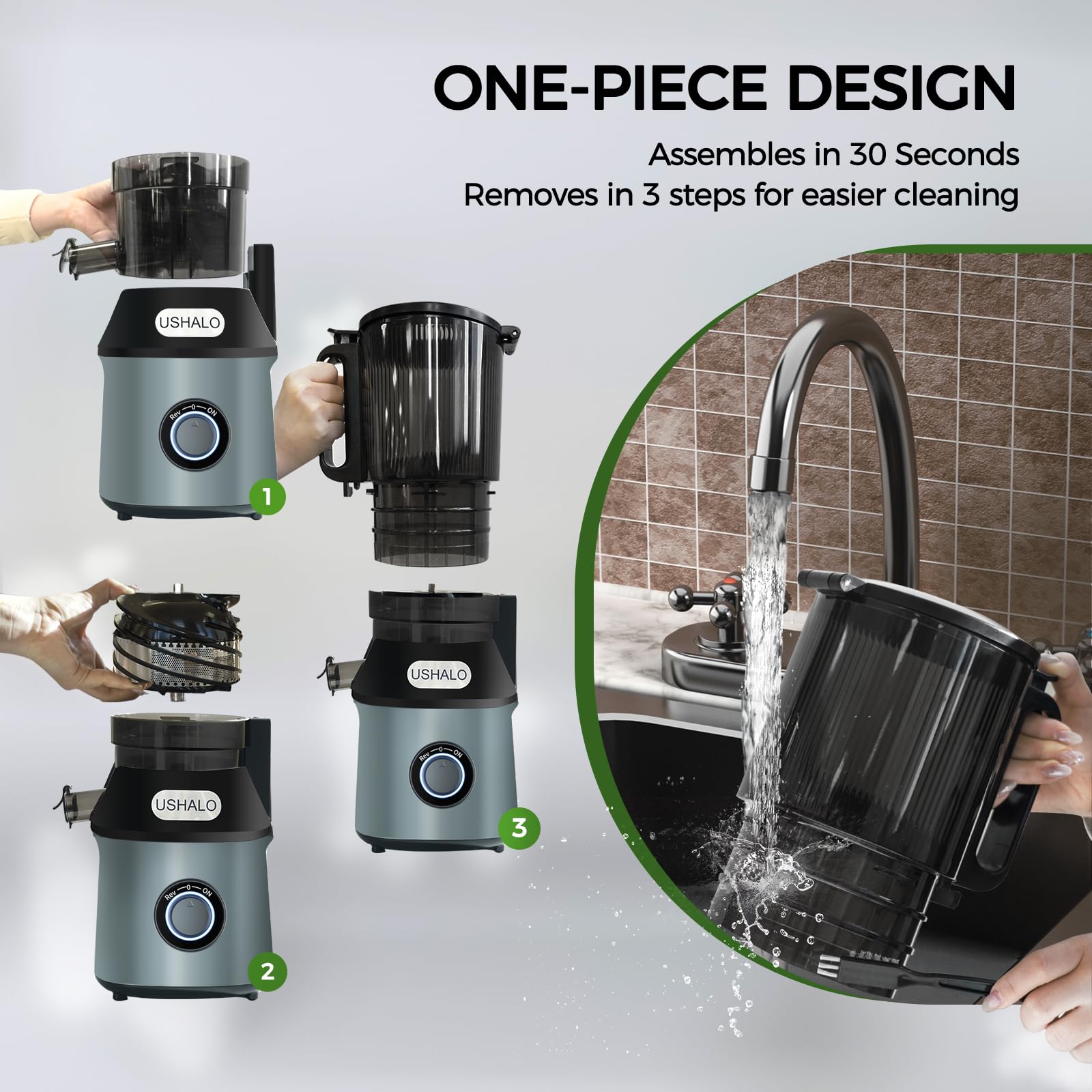 USHALO compact design fits counter space while delivering fresh juice.