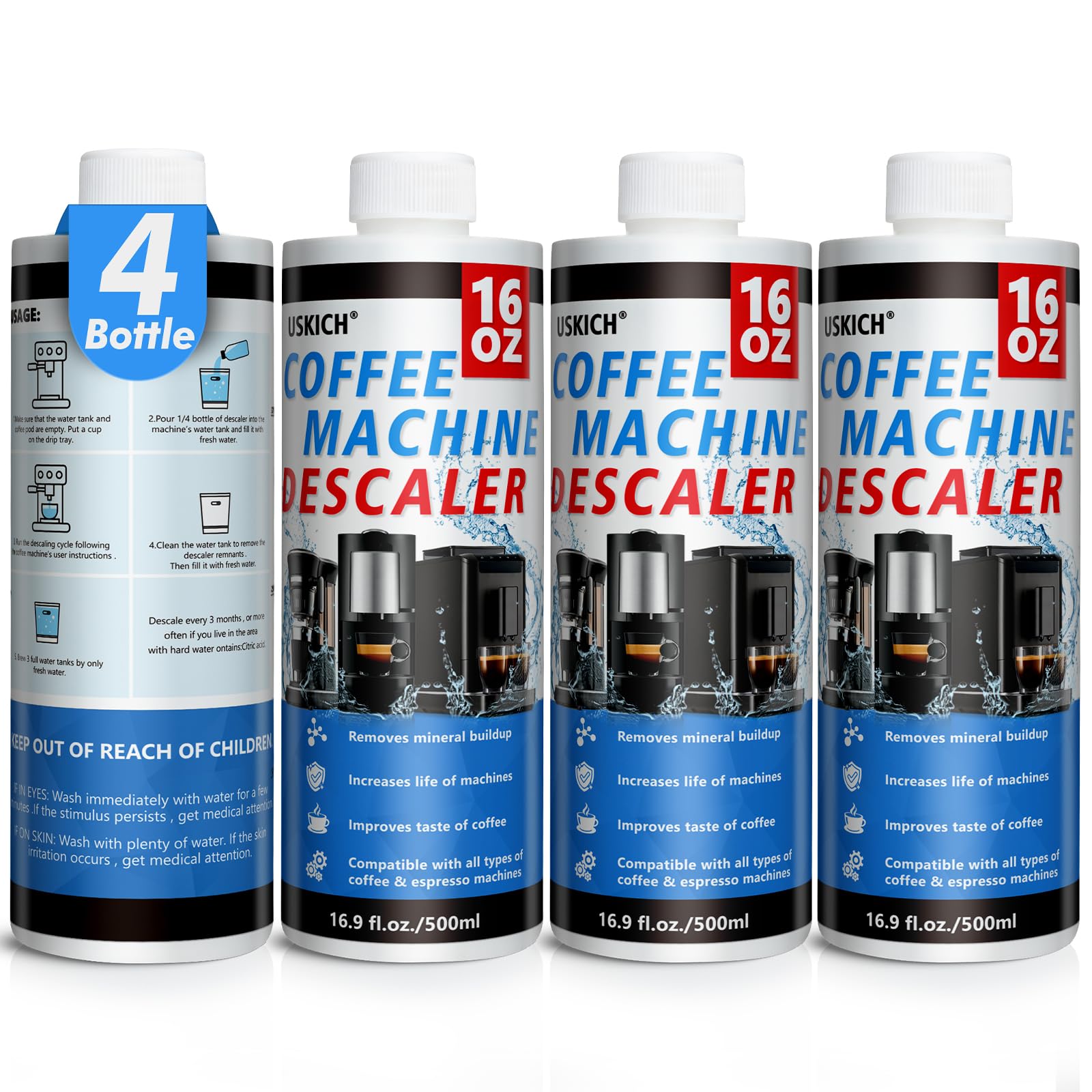 USKICH descaler 4-pack bottle ready for deep cleaning.