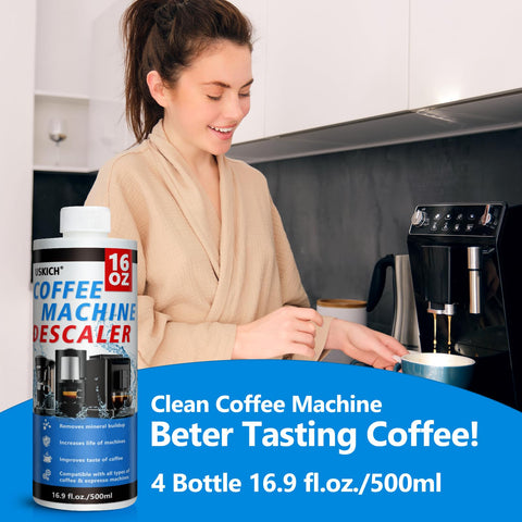 USKICH descaler in use during a clean cycle on a coffee machine.