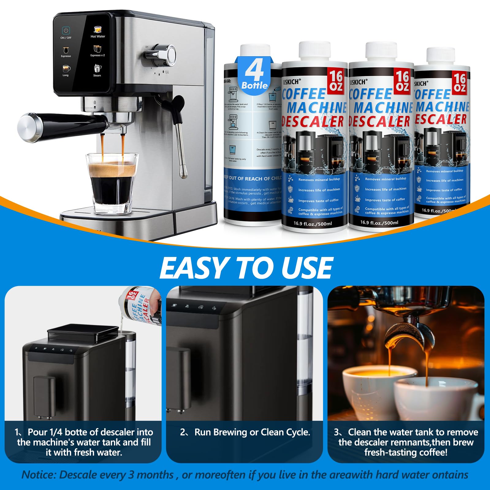 USKICH descaler compatible with Nespresso, Keurig and Breville machines.