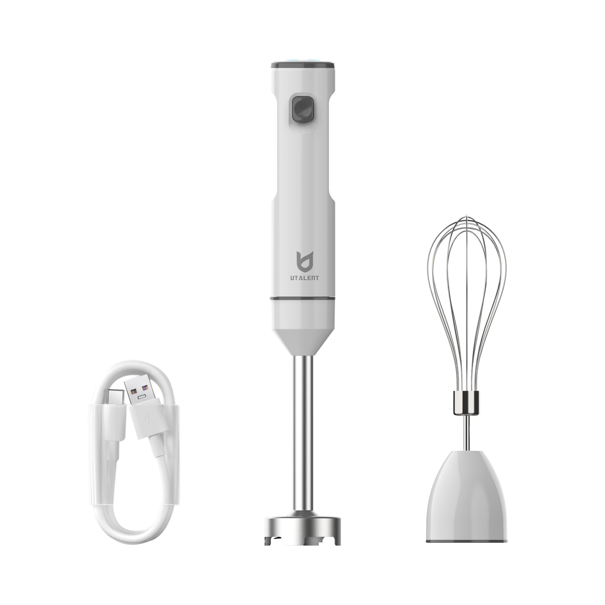 UTALENT cordless hand blender 8-inch arm for smooth soups and sauces.
