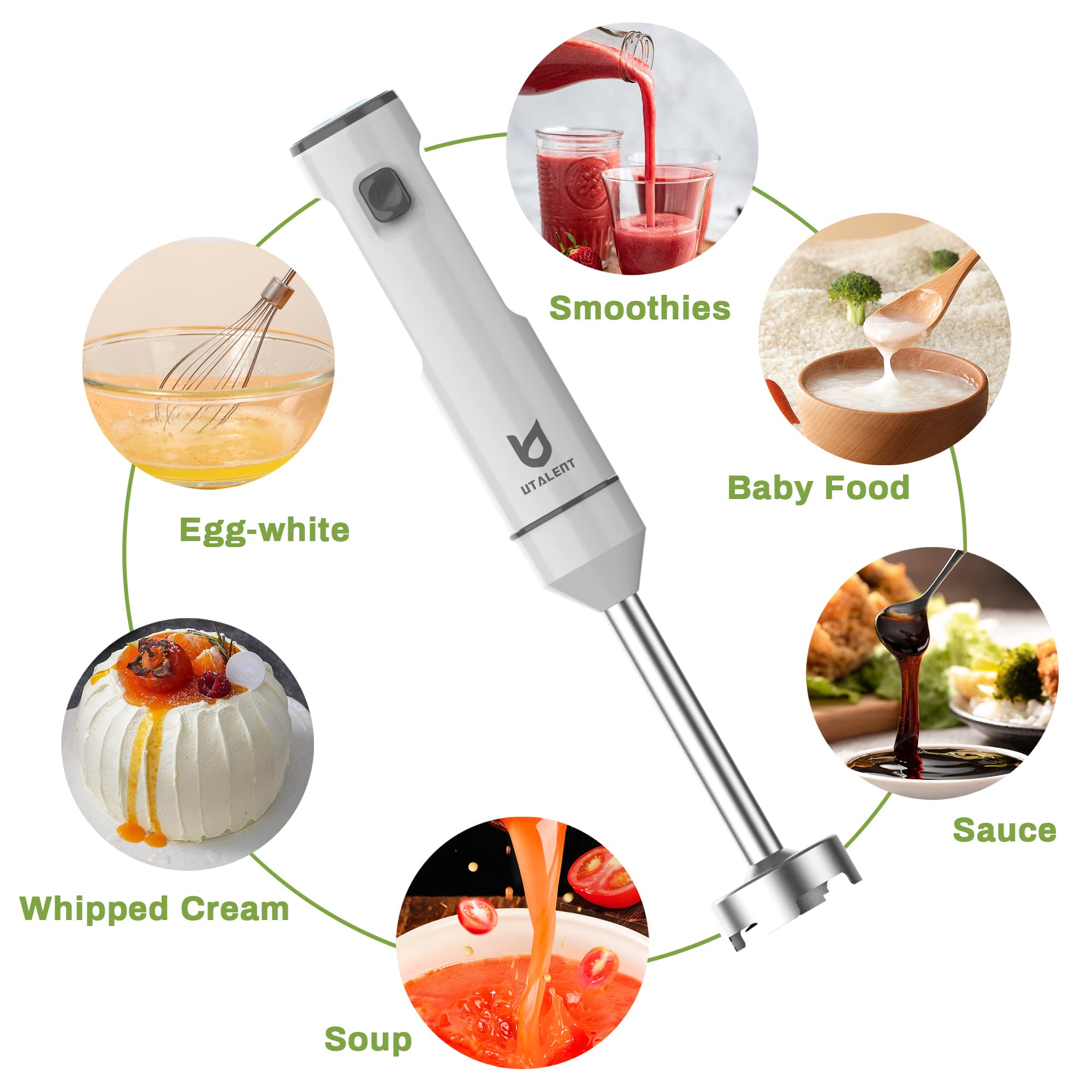 UTALENT egg whisk attachment enabling airy emulsions and whipped toppings.