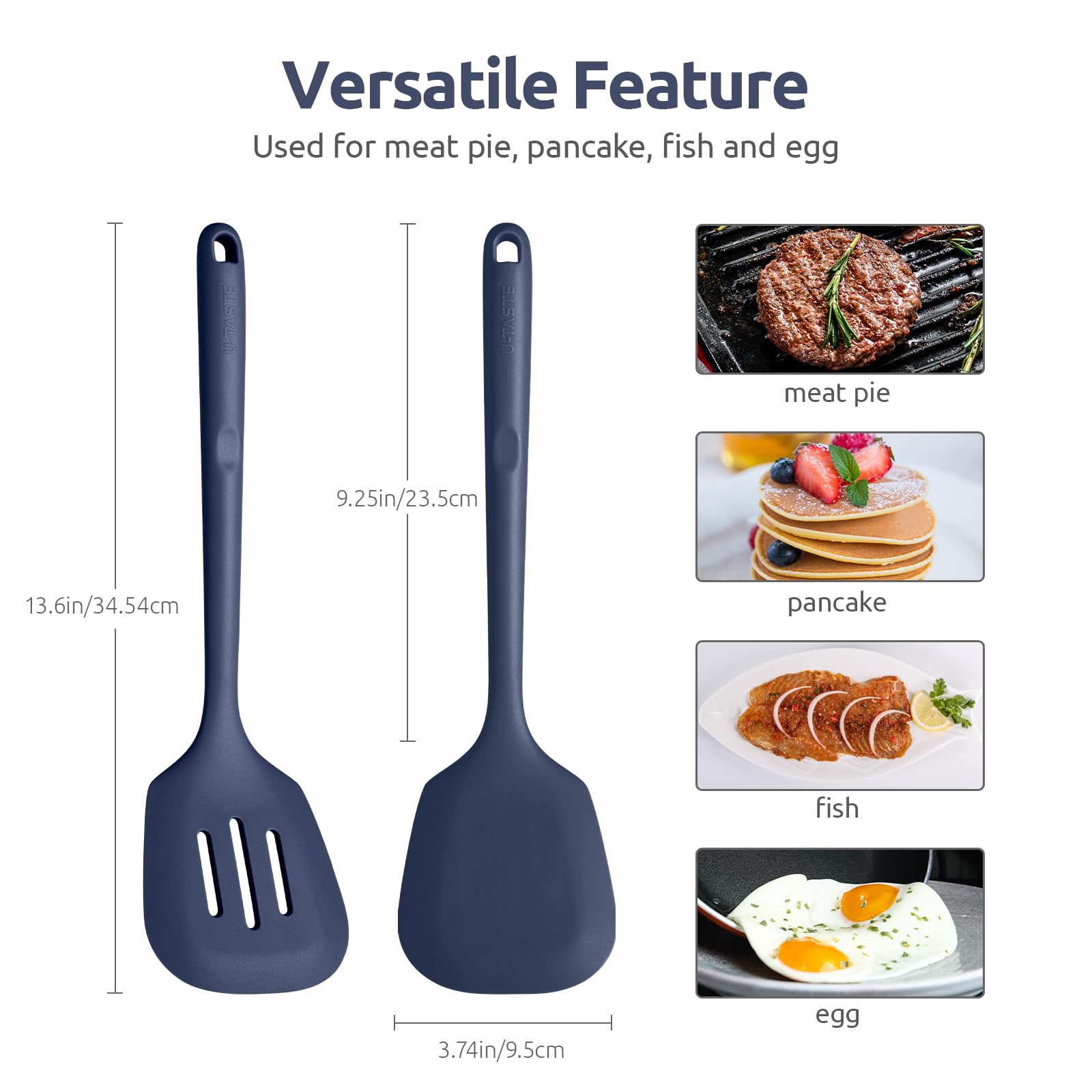 U-Taste slotted turner in midnight blue for draining liquids while cooking