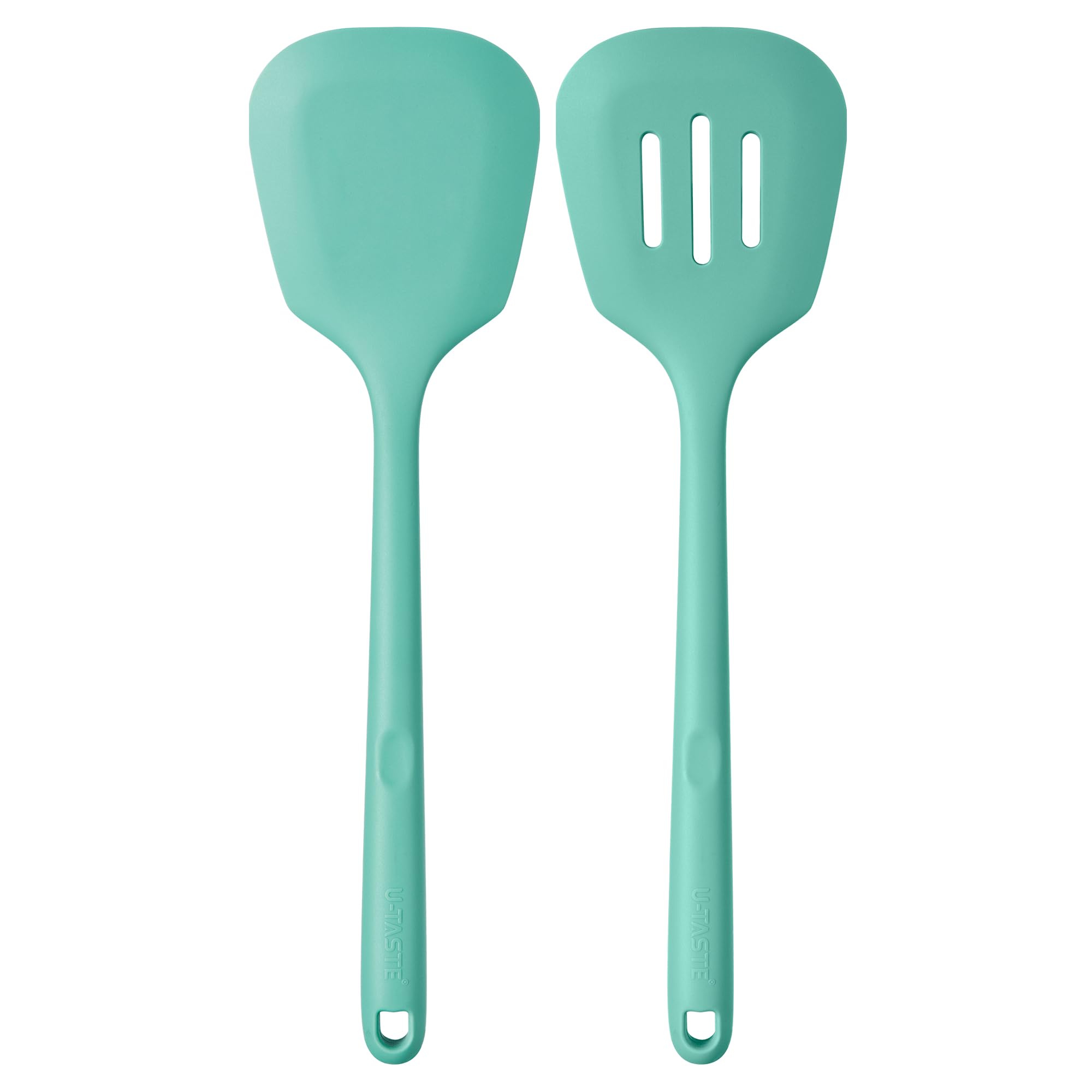 U-Taste Aqua Sky solid silicone turner with long handle for safe flipping.
