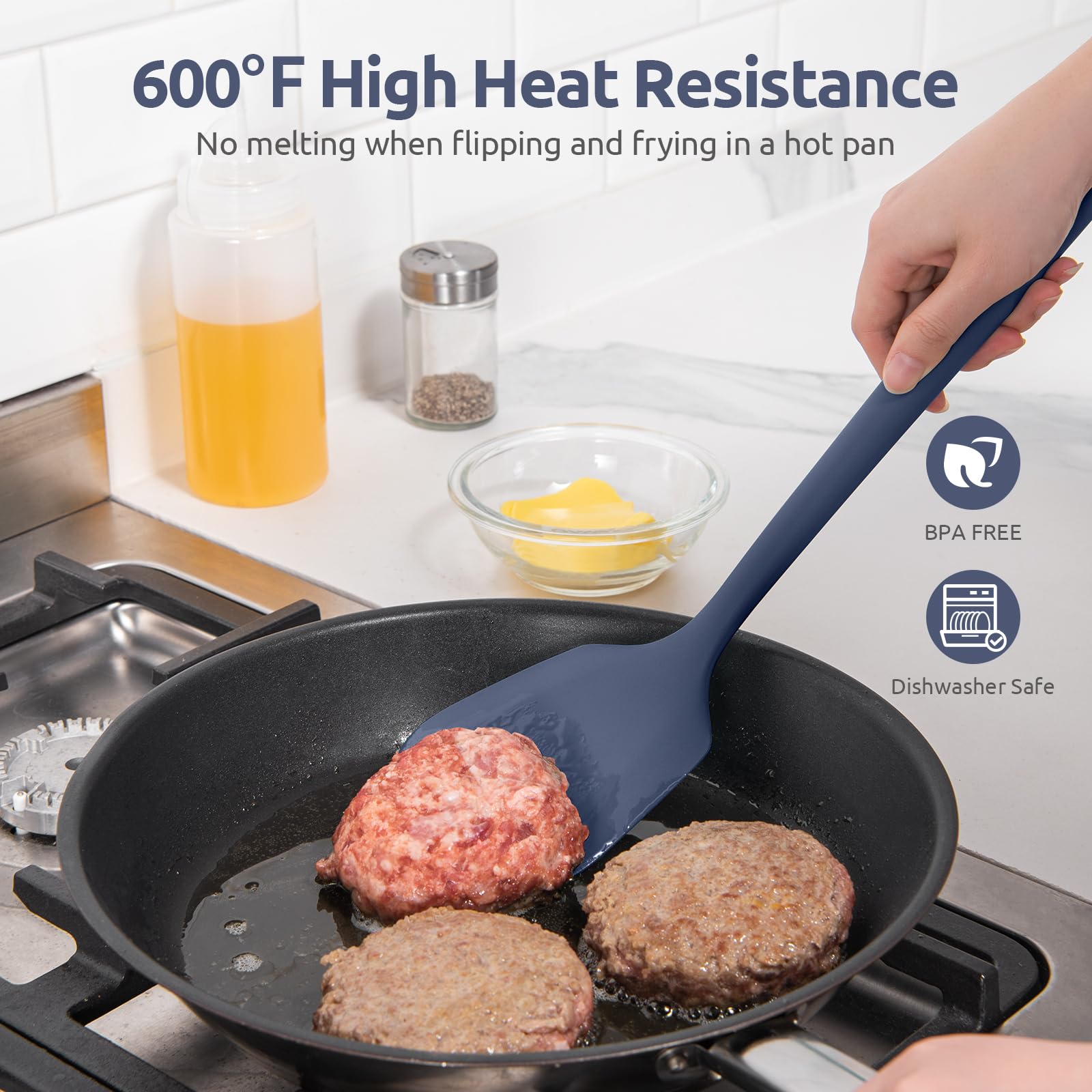 Close-up of U-Taste silicone turner showing heat resistance and smooth edge