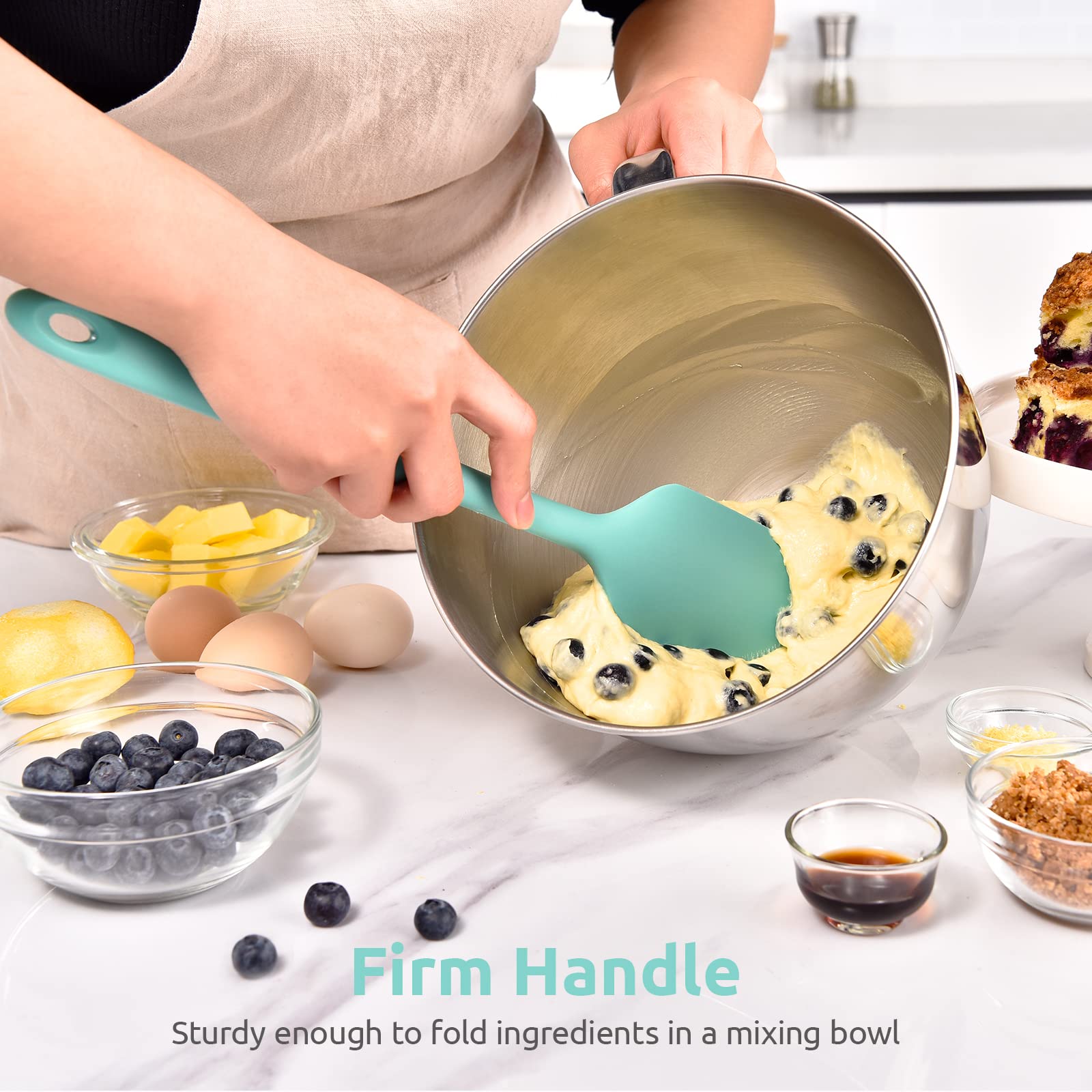 U-Taste spatula edge reaches bowl corners for scraping.