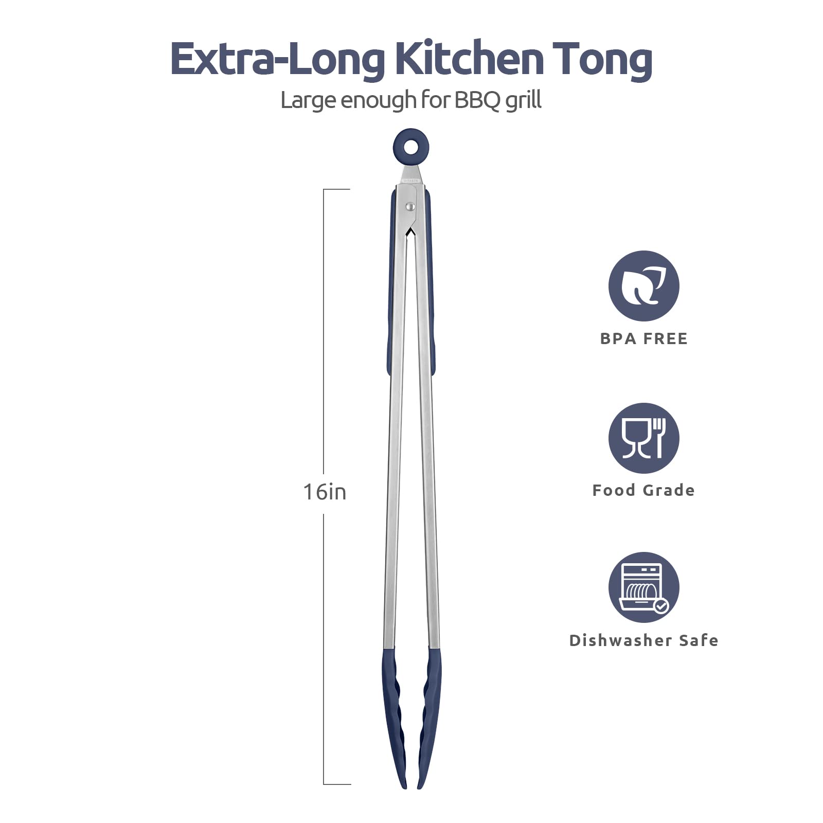 Close-up of U-Taste grip on 16-inch tongs midnight blue for secure handling.