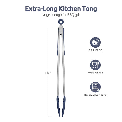 Close-up of U-Taste grip on 16-inch tongs midnight blue for secure handling.