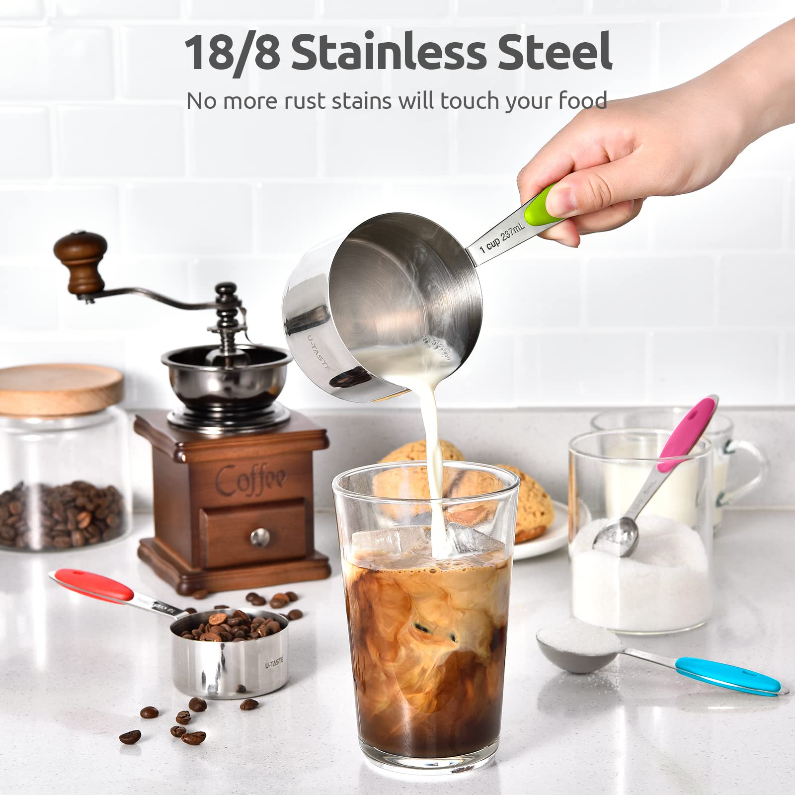 Close-up of U-Taste 18/8 stainless steel cups highlighting rust resistance.