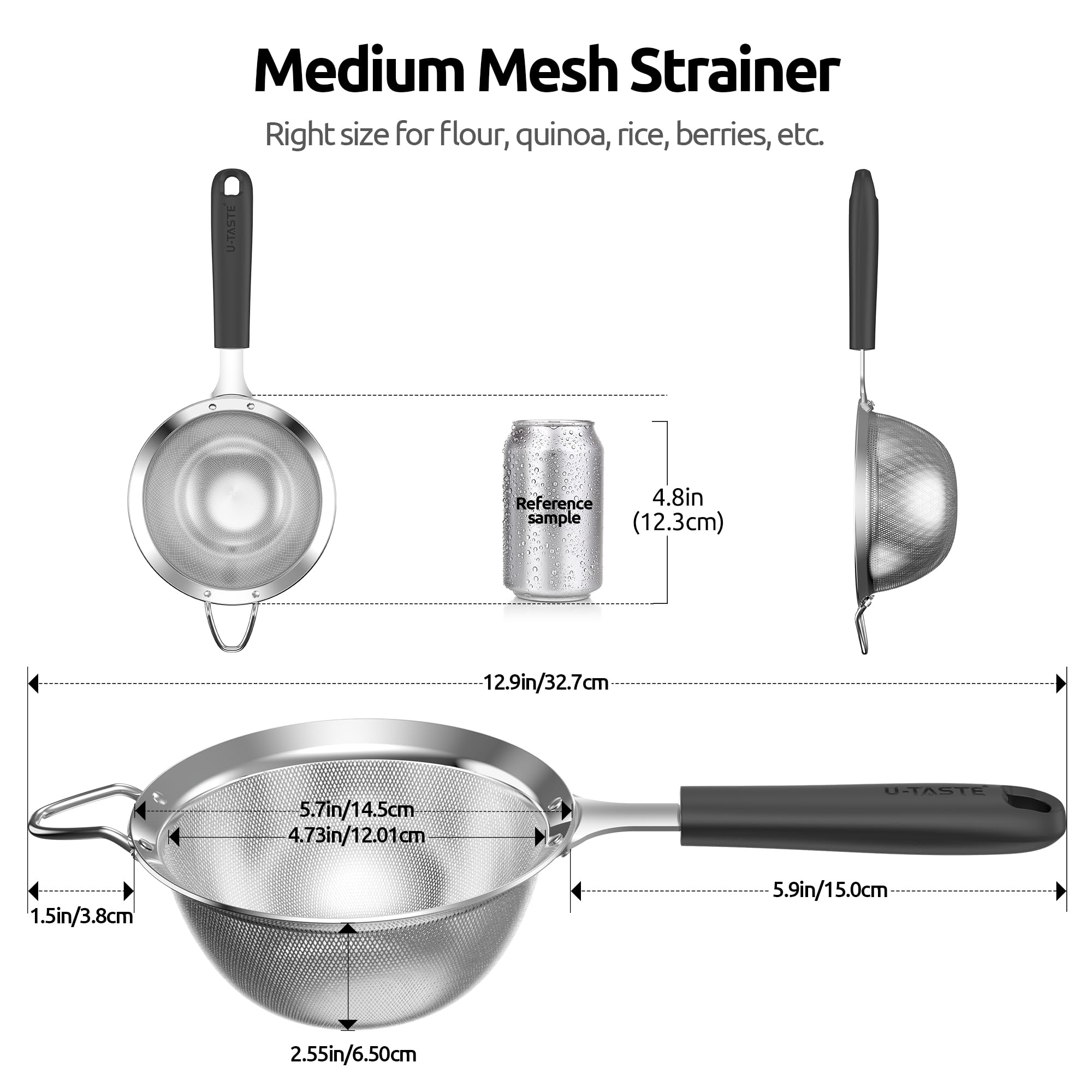 U-Taste 30-mesh screen strainer highlights riveted handle for durability and steady grip.
