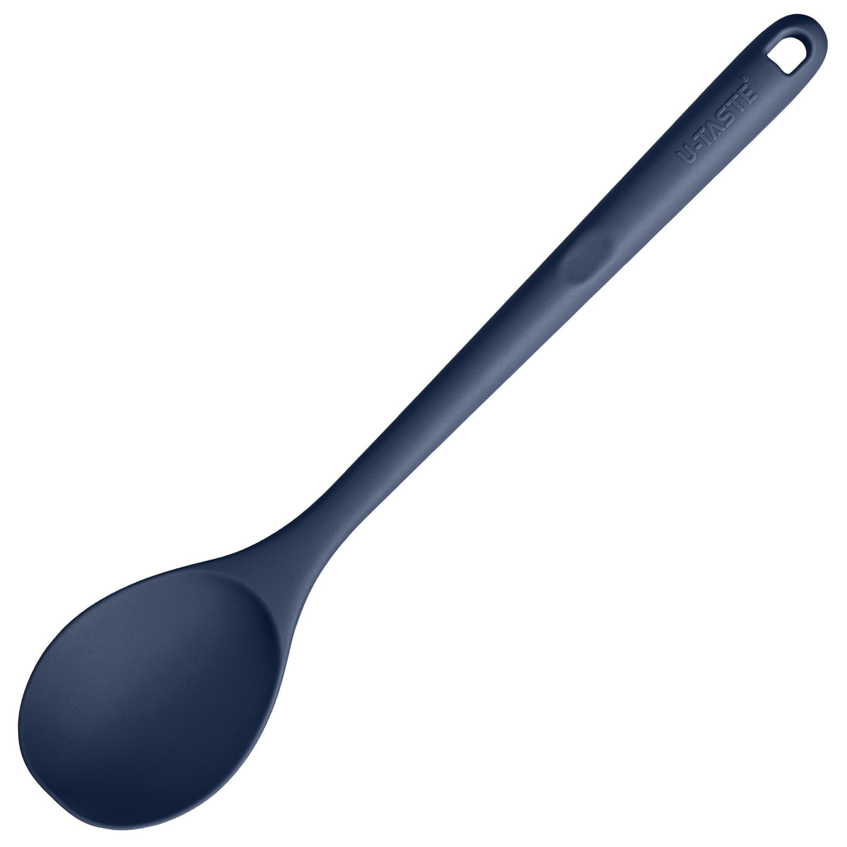 U-Taste 600°F heat-resistant silicone spoon in midnight blue for safe high-heat mixing.