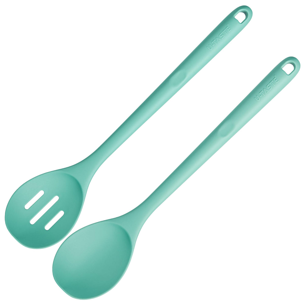 U-Taste 600°F solid silicone spoon in Aqua Sky for safe stirring.