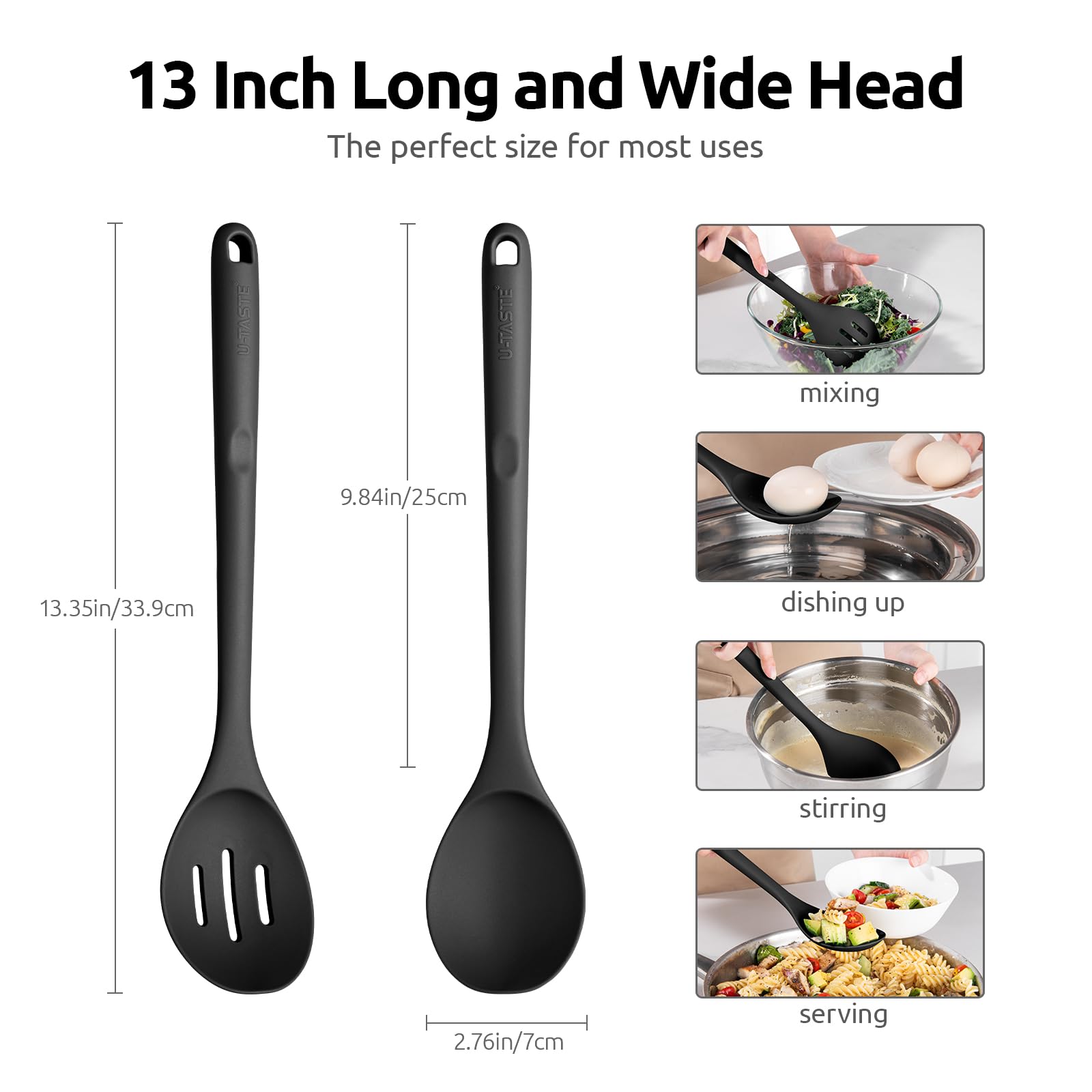 UTaste slotted spoon in black drains excess liquids.