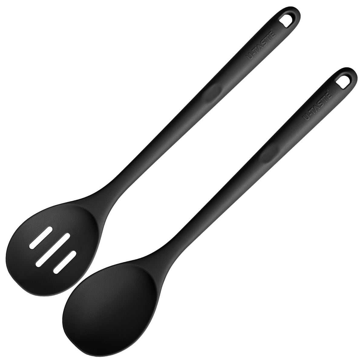 UTaste solid black spoon in action, heat resistant for high-heat cooking.