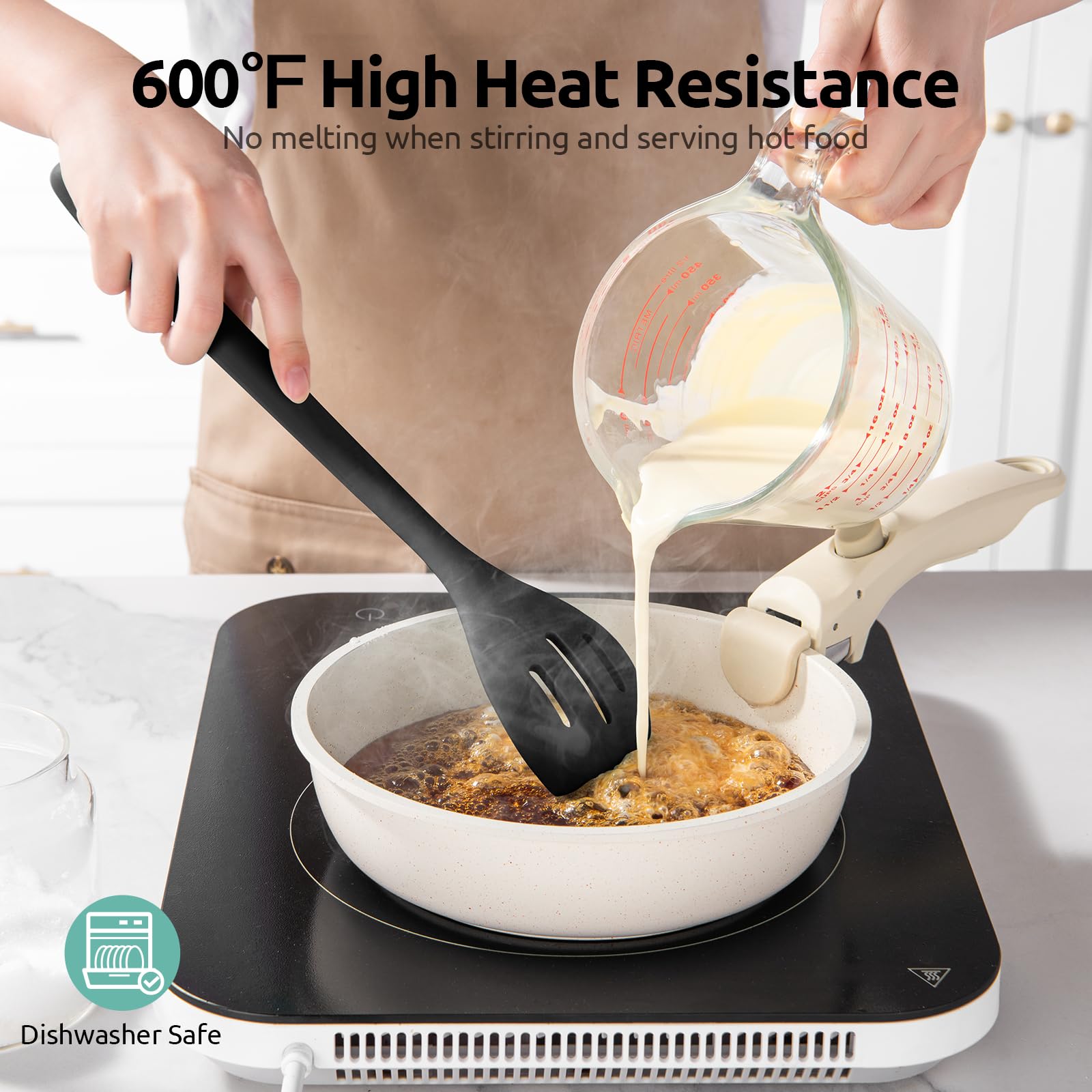 UTaste tip close-up shows silicone tip safe for nonstick cookware.