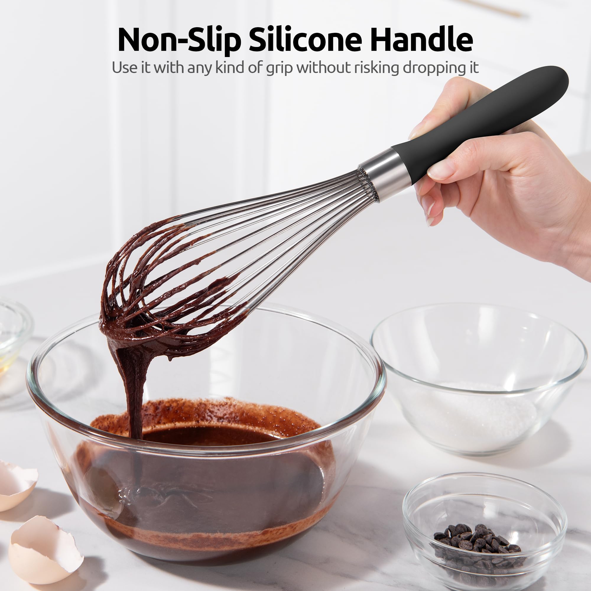 U-Taste balloon shape minimizes splatter when whisking gravies and dressings