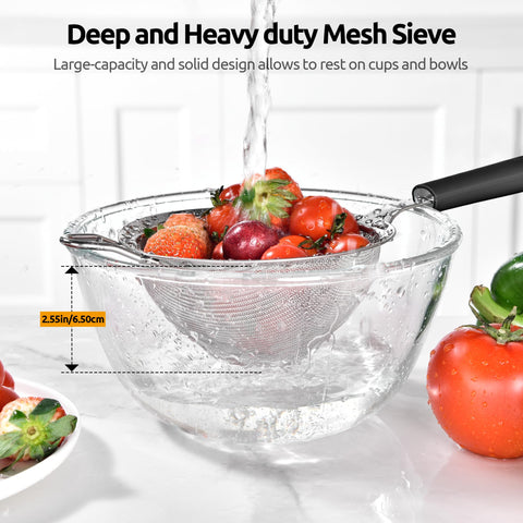 U-Taste sturdy black stainless steel strainer for durable everyday kitchen use.