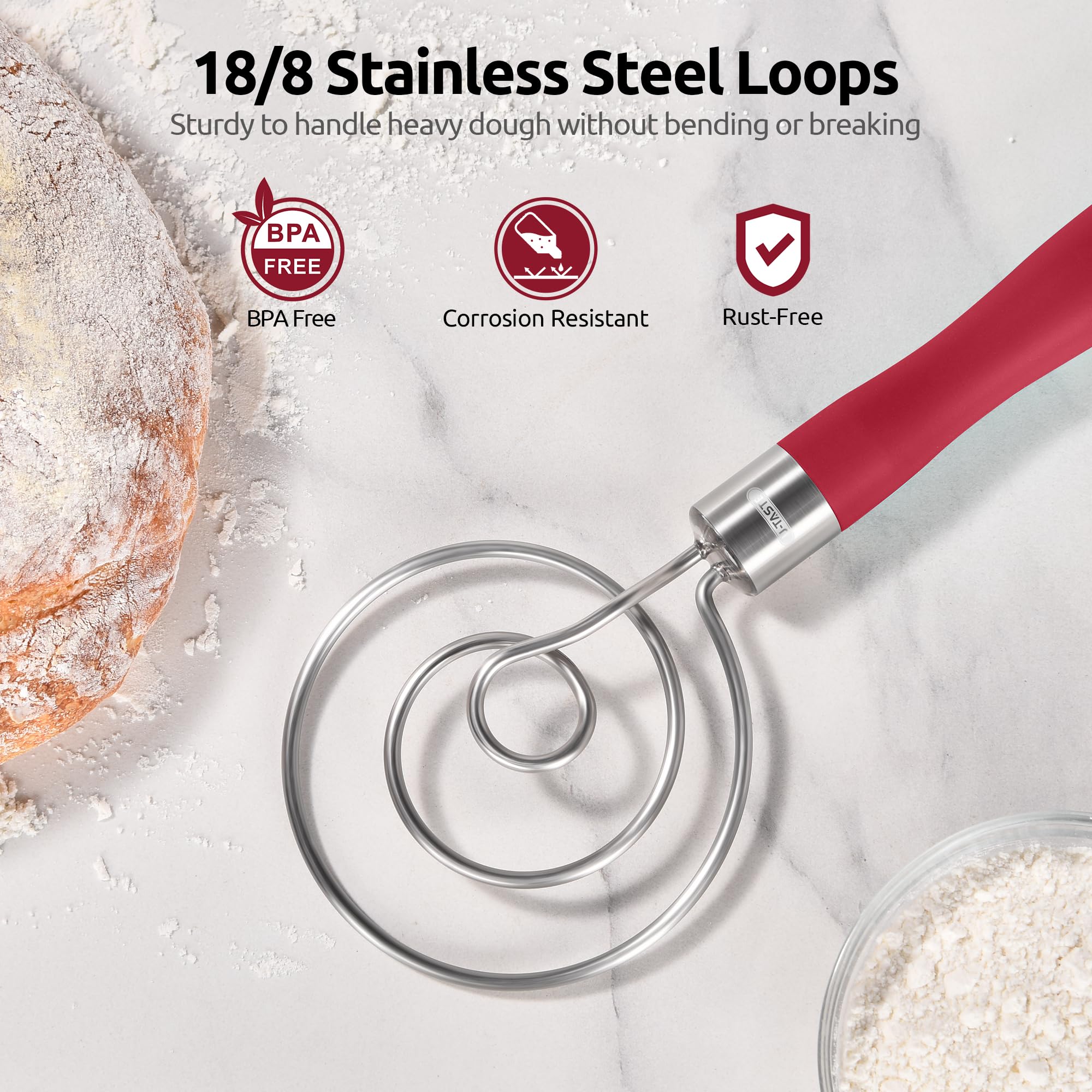 Danish bread whisk with seamless design for mess-free food preparation