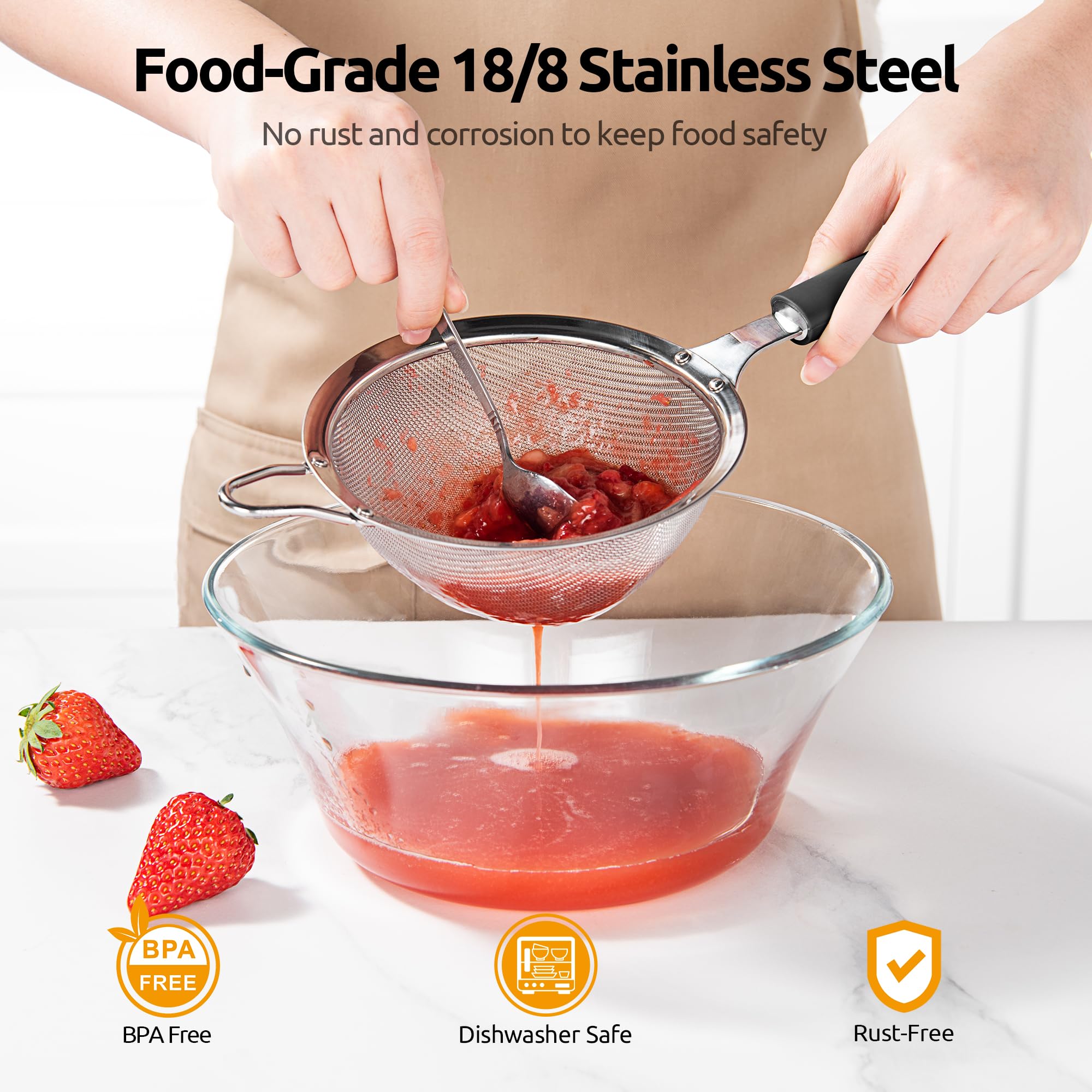U-Taste deep mesh strainer shows deep bowl design for larger batches and less spill.