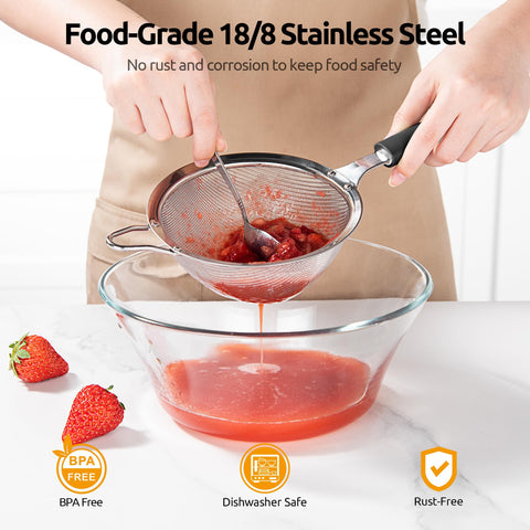 U-Taste deep mesh strainer shows deep bowl design for larger batches and less spill.