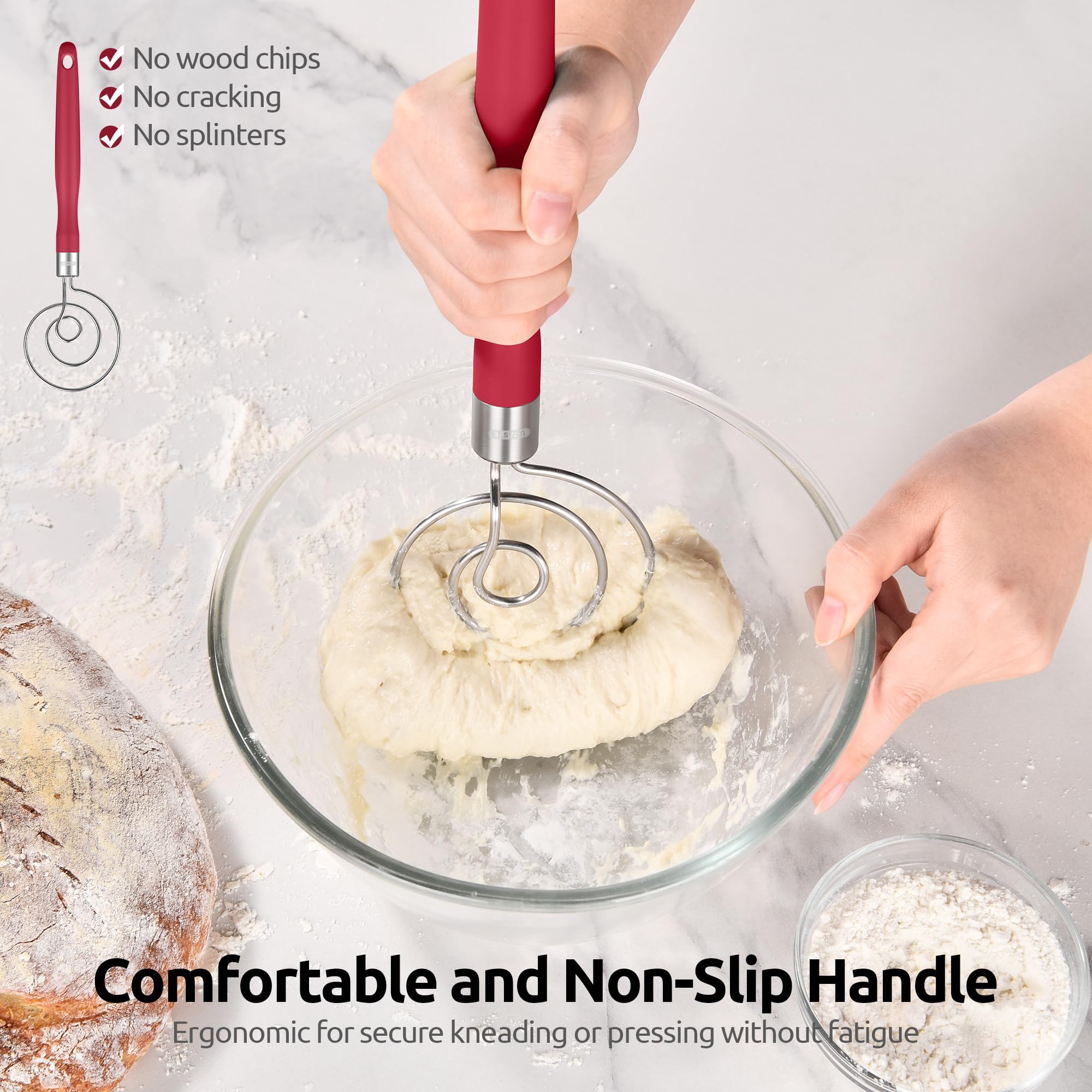 Red U-Taste Danish whisk stands up to heavy use in busy kitchens