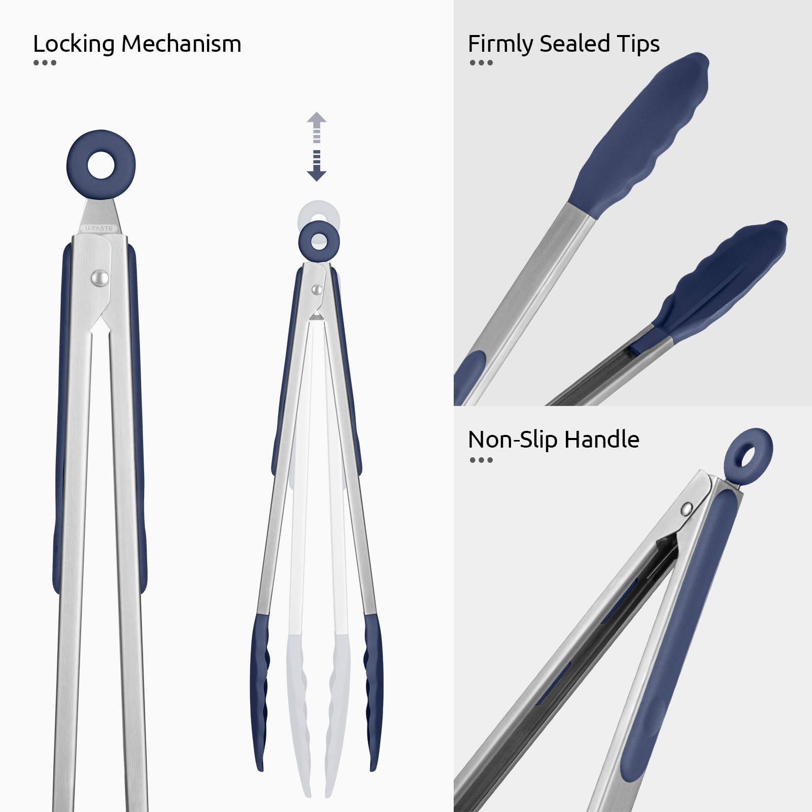 U-Taste ergonomic locking mechanism keeps tongs closed for storage.