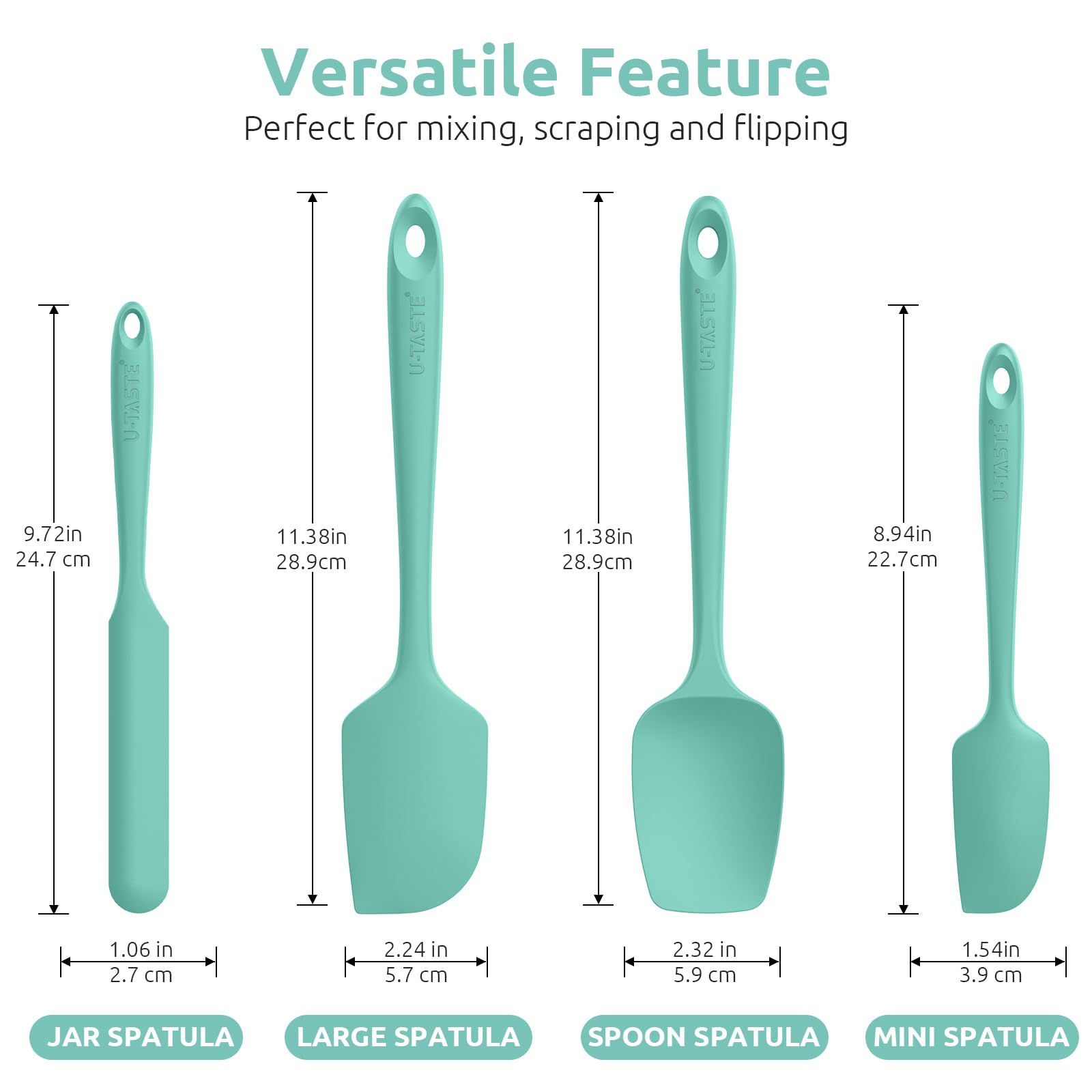 Utaste flexible-edge silicone spatula in Aqua Sky helps scrape bowls clean without scratching.