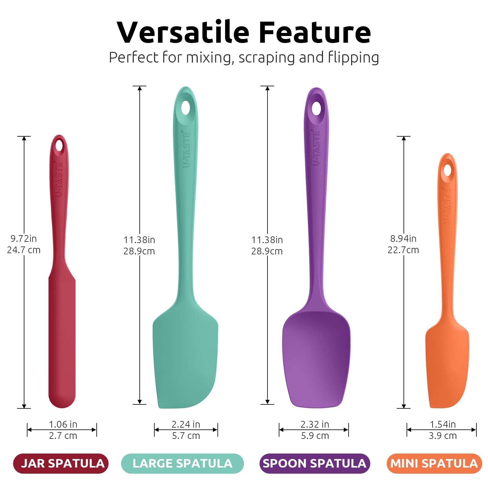U-Taste flexible spatula edge reaches bowl corners for thorough mixing.