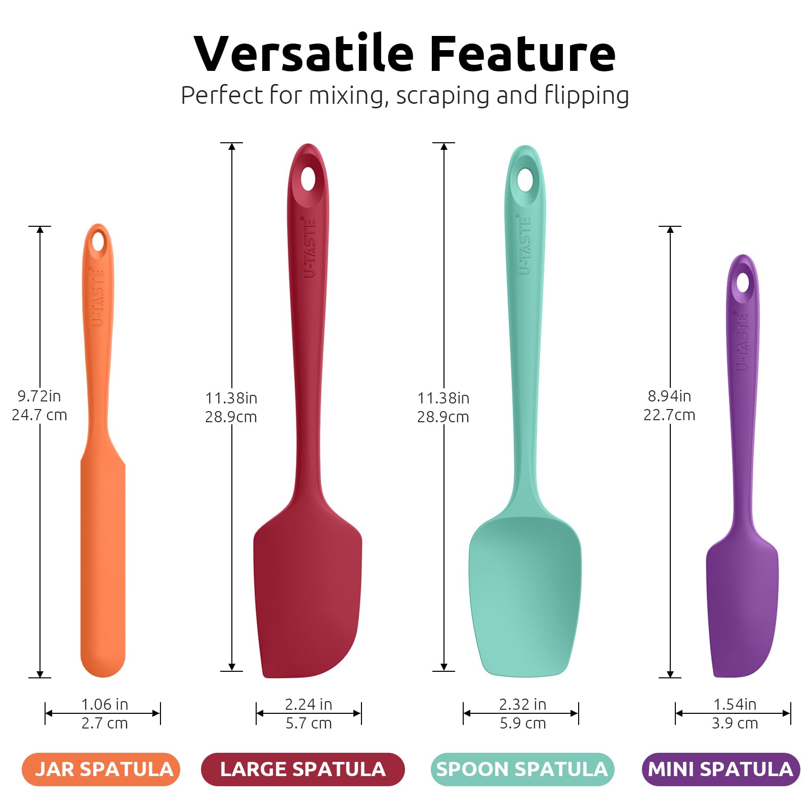 U-Taste blue-handle flexible spatula edge reaches pan corners.
