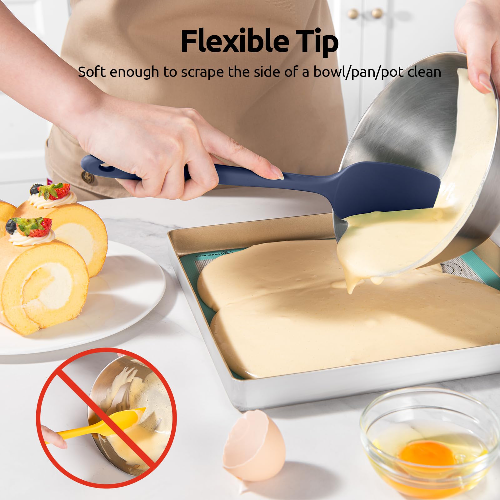 U-Taste flexible spatula reaches pan corners for batter scraping.