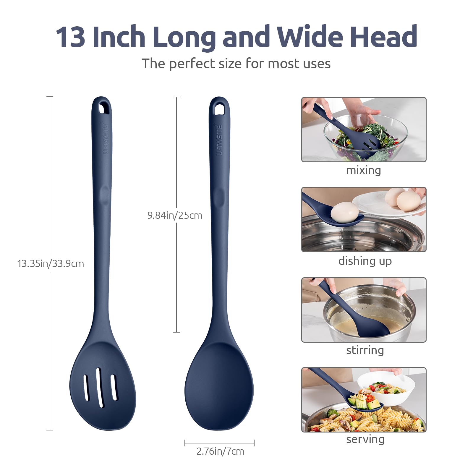 U-Taste slotted spoon in midnight blue, perfect for draining while stirring.