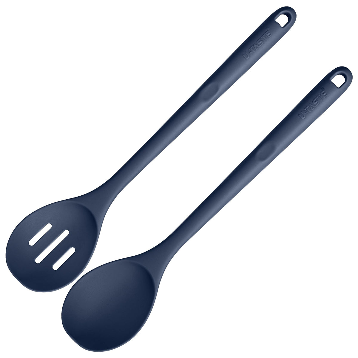U-Taste solid spoon in midnight blue, heat resistant for safe high-heat cooking.