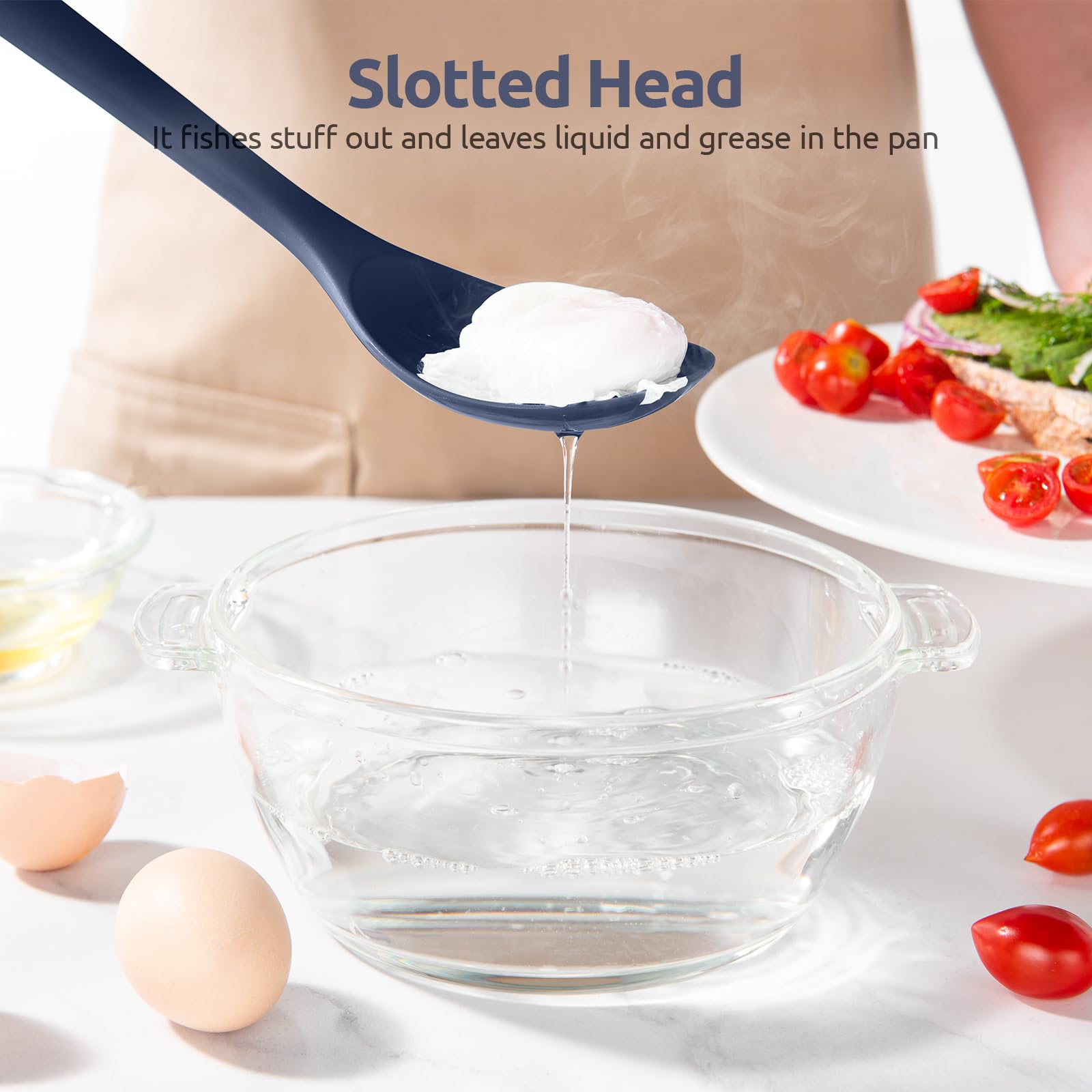 Long-handle U-Taste spoon keeps hands away from heat during stirring.