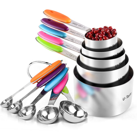 U-Taste measuring cups and spoons set with multicolor handles for quick size recognition.