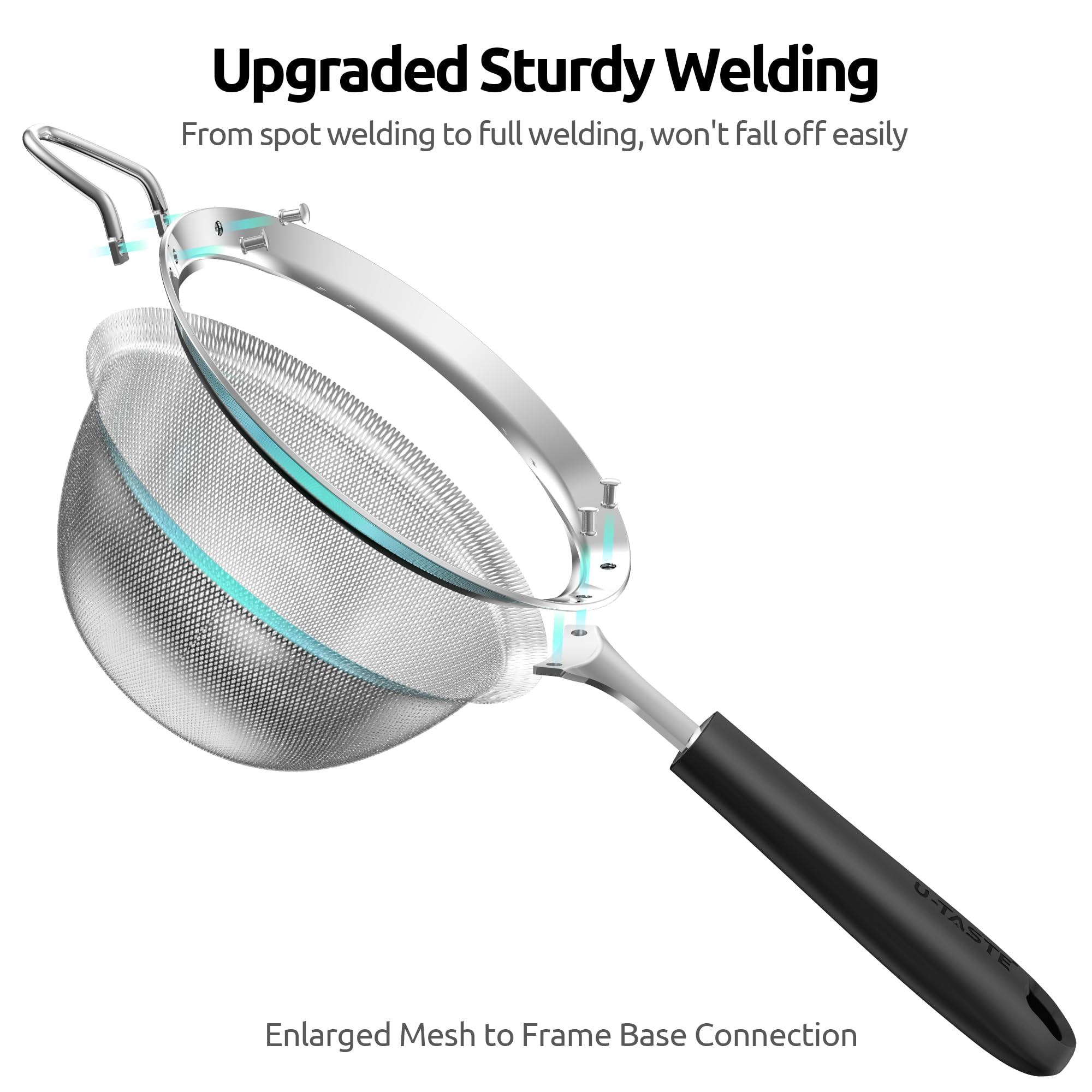 U-Taste medium strainer designed for flour, rice, quinoa, and berries.