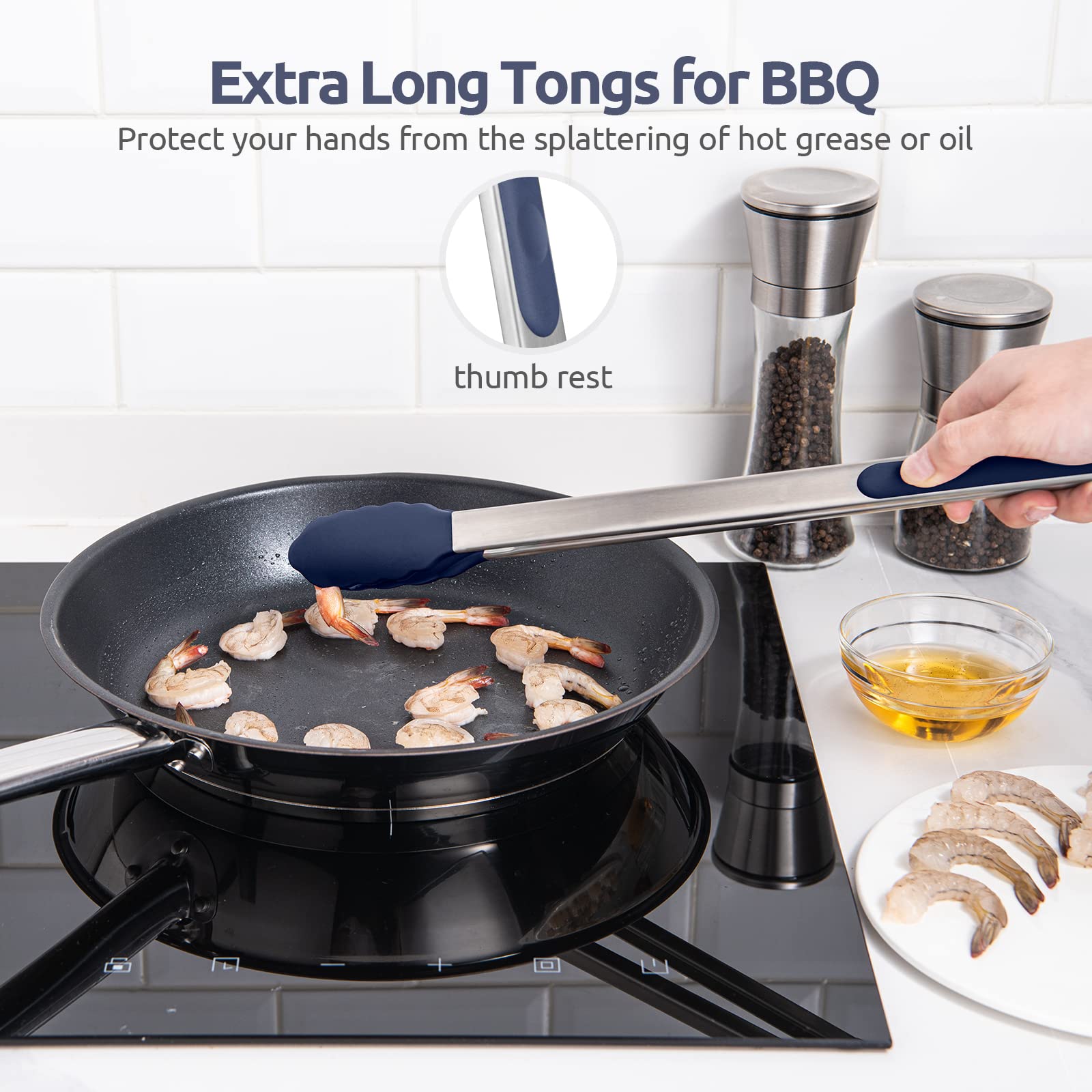 Midnight blue finish on U-Taste tongs highlighted for stylish kitchen use.