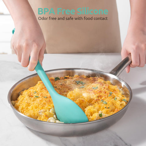 U-Taste spoon head scrapes sides and bottom for thorough mixing.