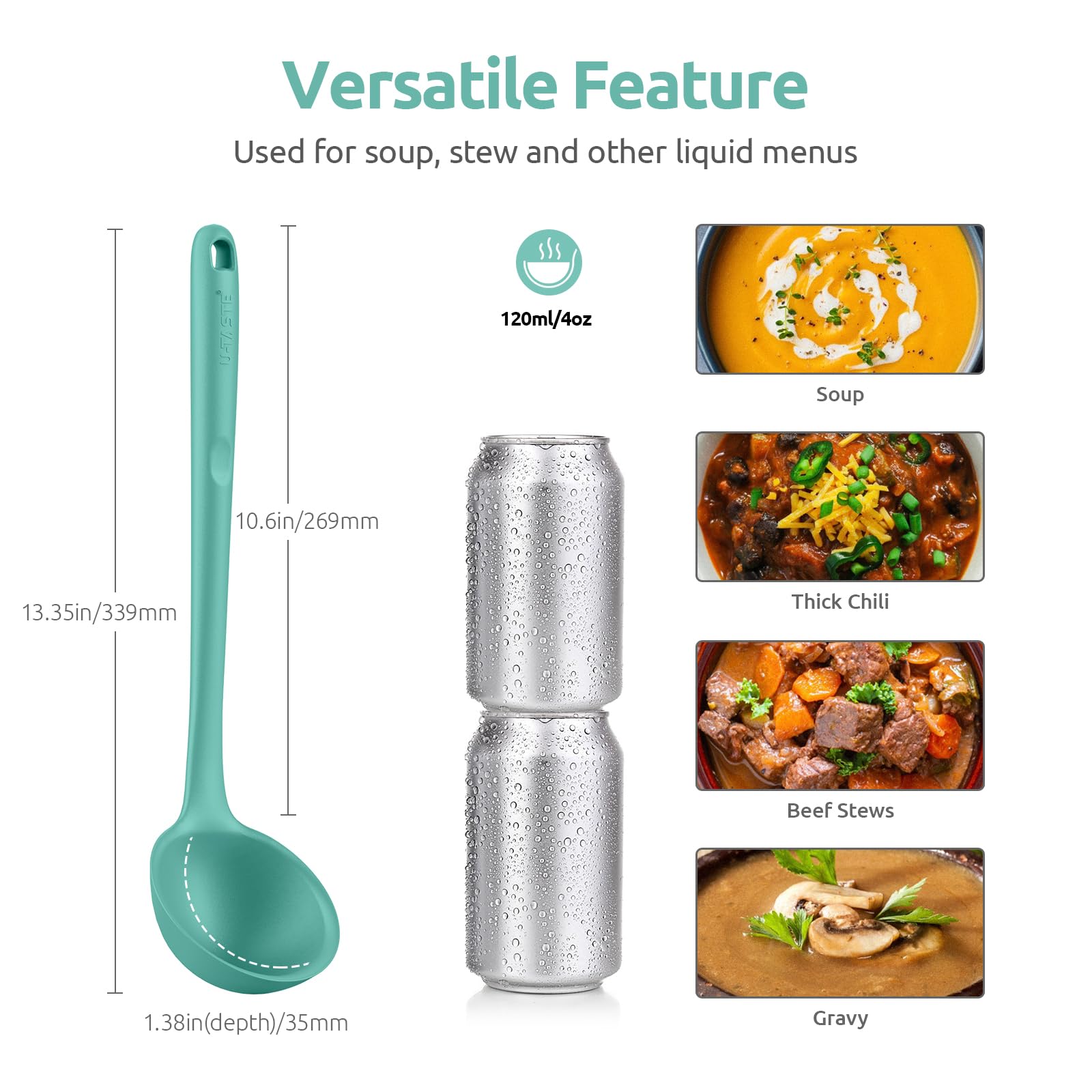 U-Taste silicone ladle with deep bowl for easy scooping of thick sauces.