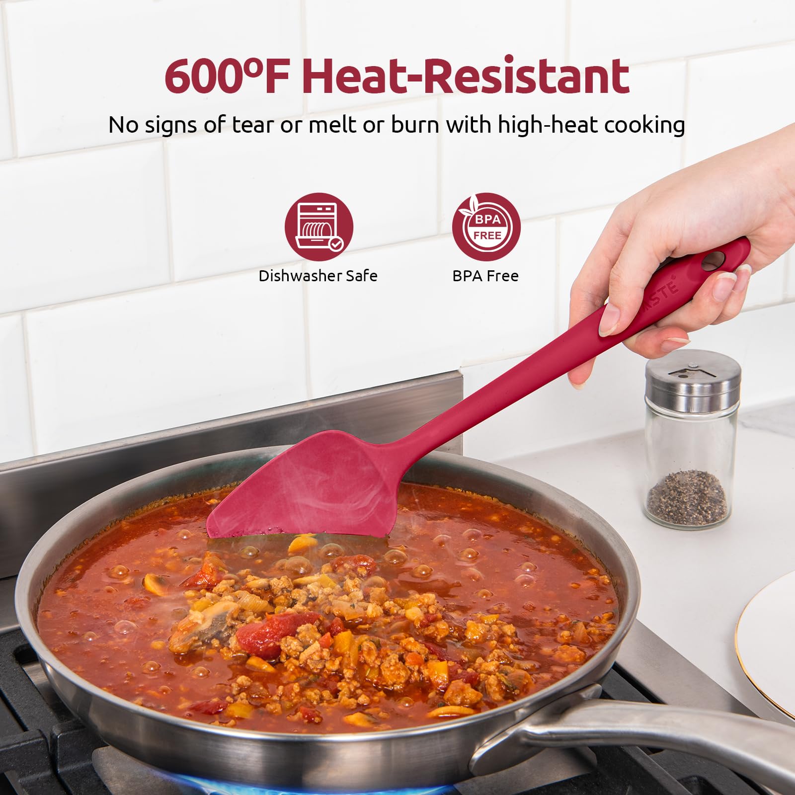 U-Taste red large spatula reaches bowl edges for even folding