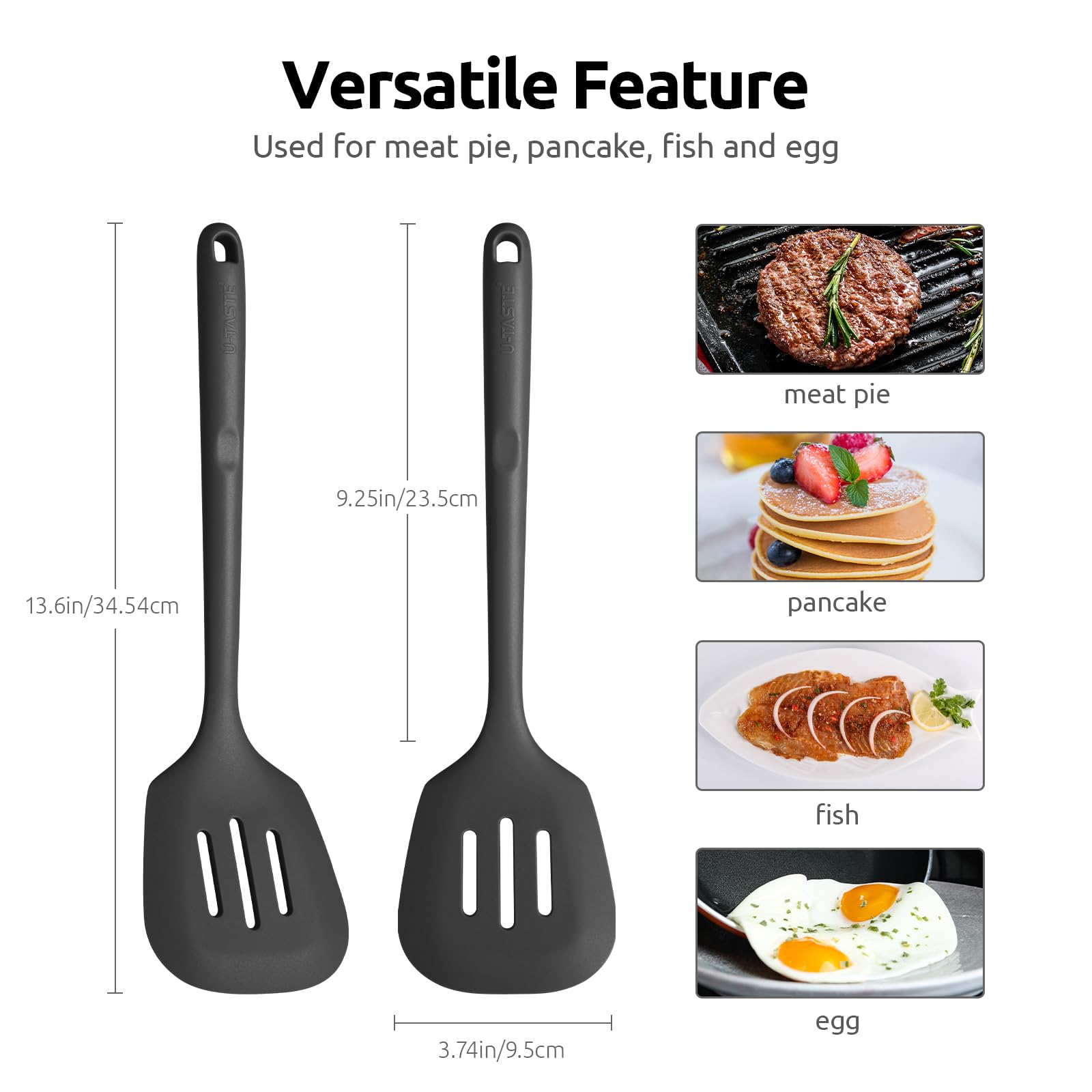 U-Taste silicone spatula with wide head for easy lifting and serving.