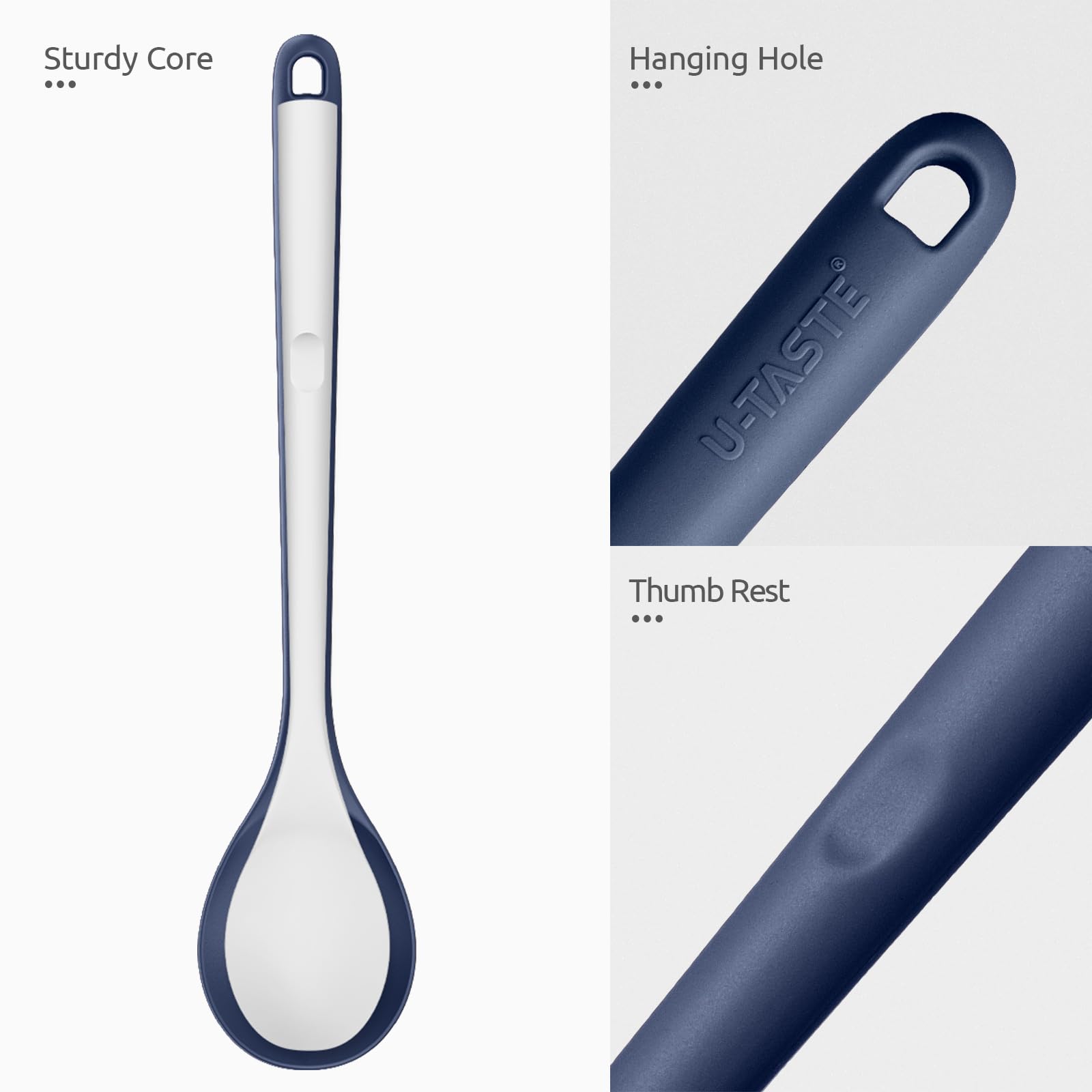 Soft-grip silicone handle on U-Taste spoon for comfortable control.