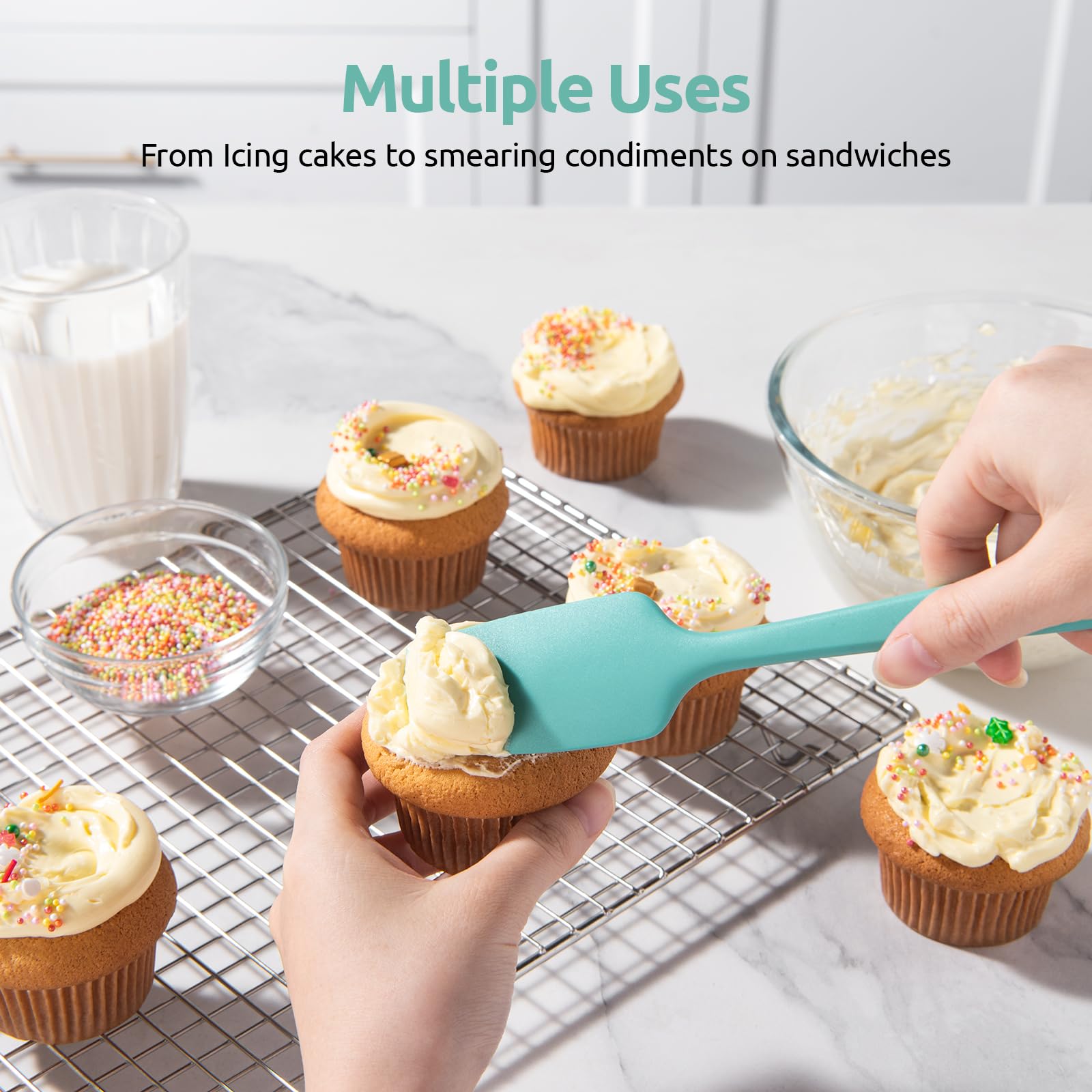 Utaste soft-grip handle spatula provides comfortable control during stirring.