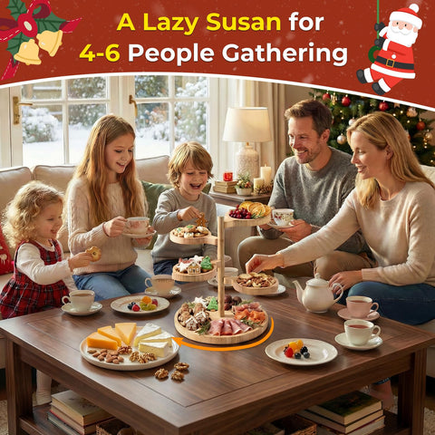 UTCG four swivel trays display cheese, meats, nuts, and fruit clearly.